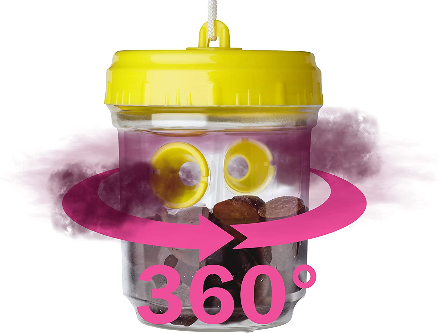 Eine Wespennfalle mit einem 360-Grad-Pfeil. Die Falle ist klar mit gelben Teilen und mit Trauben gefüllt.