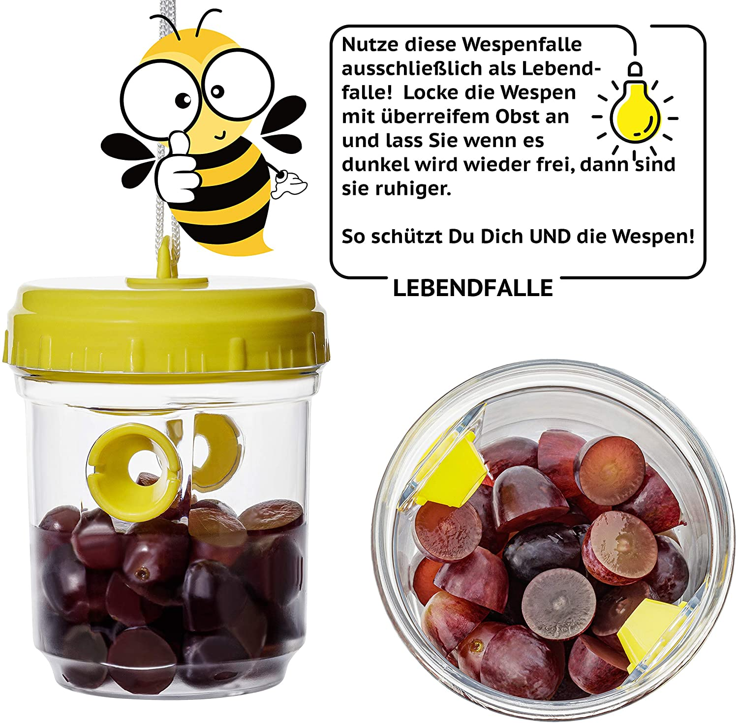 Eine Wespennfalle mit Bienenillustration. Sie ist gelb und klar mit Trauben darin.