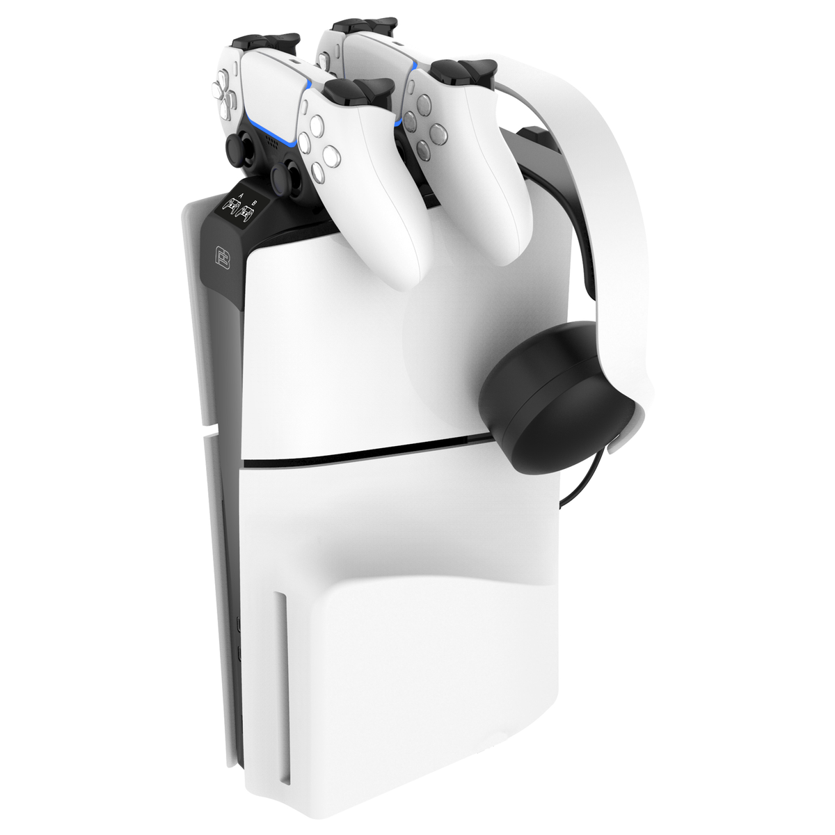 Soporte blanco para consola de juegos con controladores y auriculares, estética limpia, aislado sobre blanco.