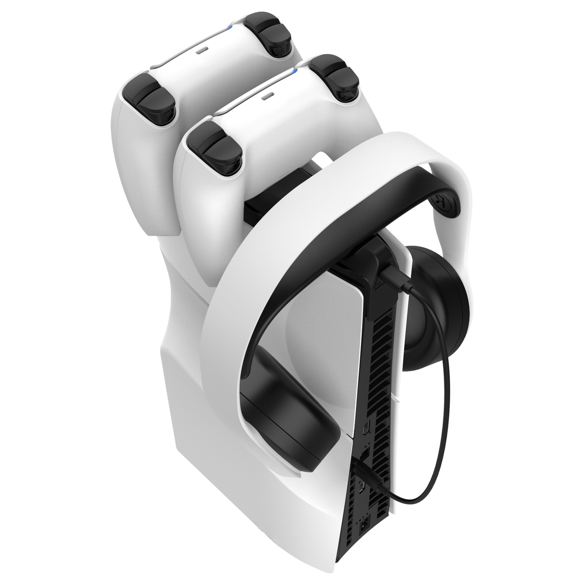 Soporte blanco para consola de juegos con mandos y auriculares, un diseño limpio y moderno, fondo blanco.