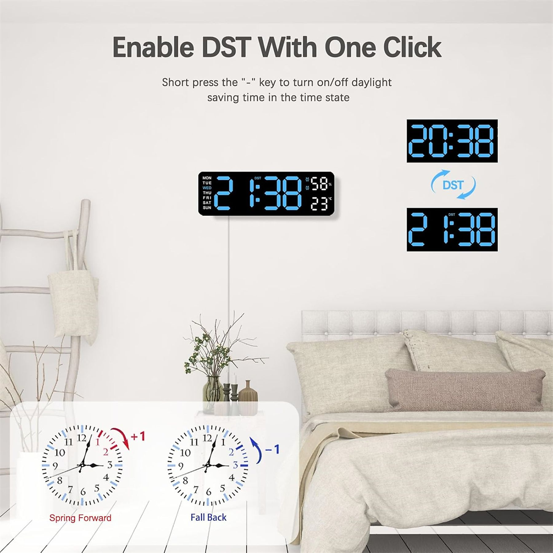 Eine Digitaluhr zeigt die Zeit in Blau an. Das Bild zeigt das Ein-/Ausschalten der Sommerzeit.