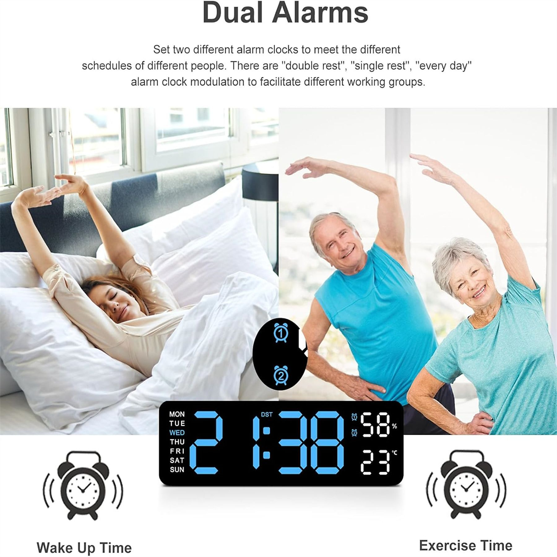 Bild über Dual-Alarme, zeigt eine sich streckende Frau und ein älteres Ehepaar. Digitaluhr mit Zeit und Wetter.