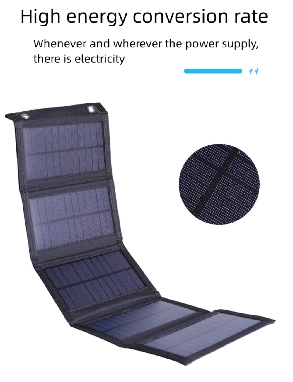 Gefaltetes schwarzes Solarpanel-Gerät mit Nahaufnahme der Panelstruktur und Anleitungstext auf weißem Hintergrund.