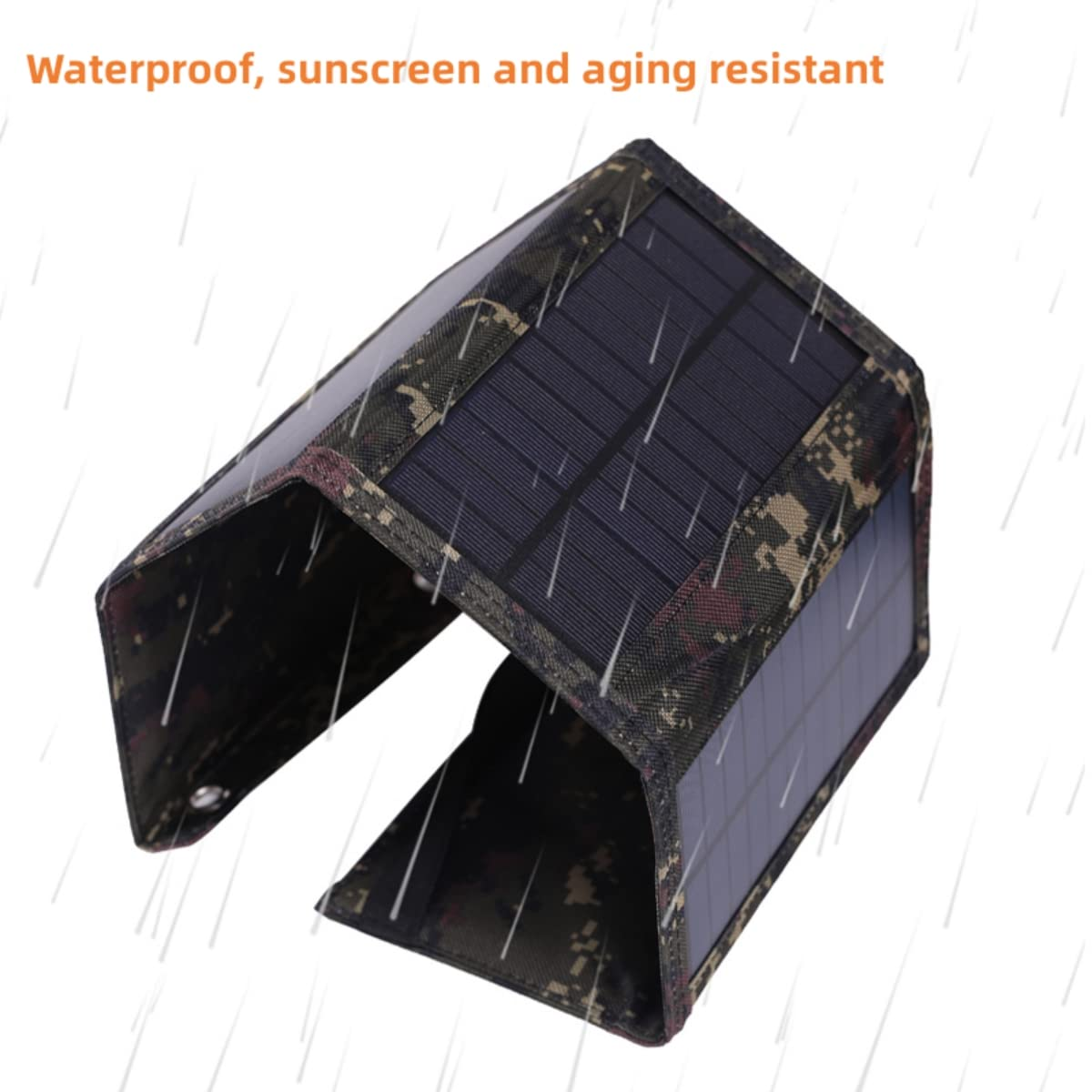 Ein mit Camouflage-Stoff bedecktes Solarpanel, teilweise gefaltet, um eine Schutzform zu bilden.