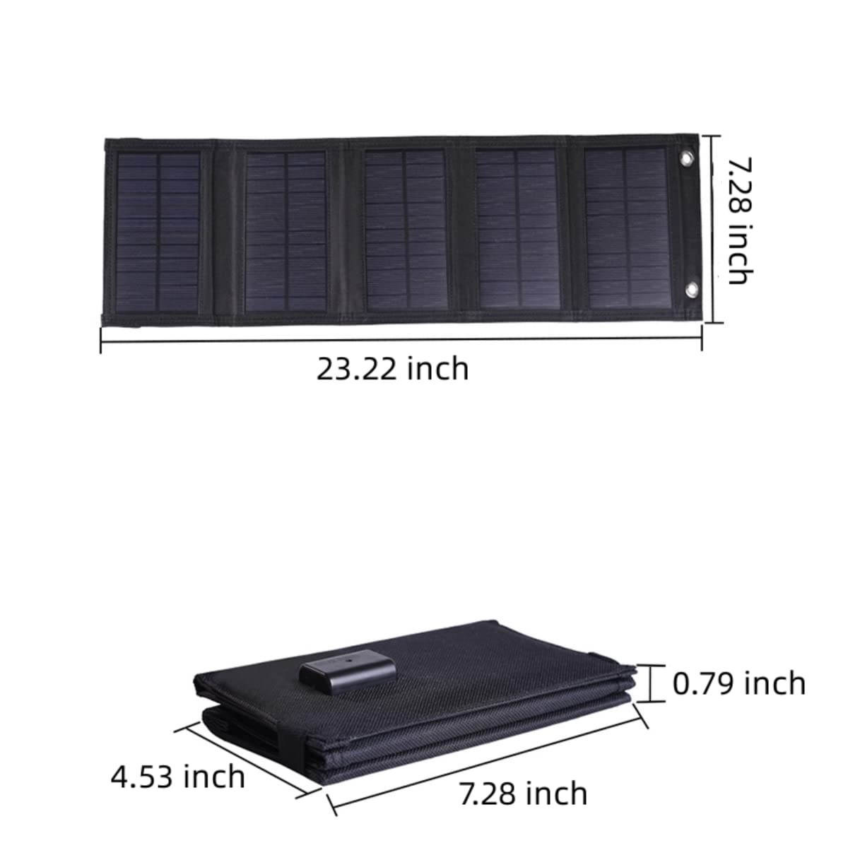 Ein schwarzes, faltbares Solarpanel, gefaltet und entfaltet, mit Abmessungen in Zoll.