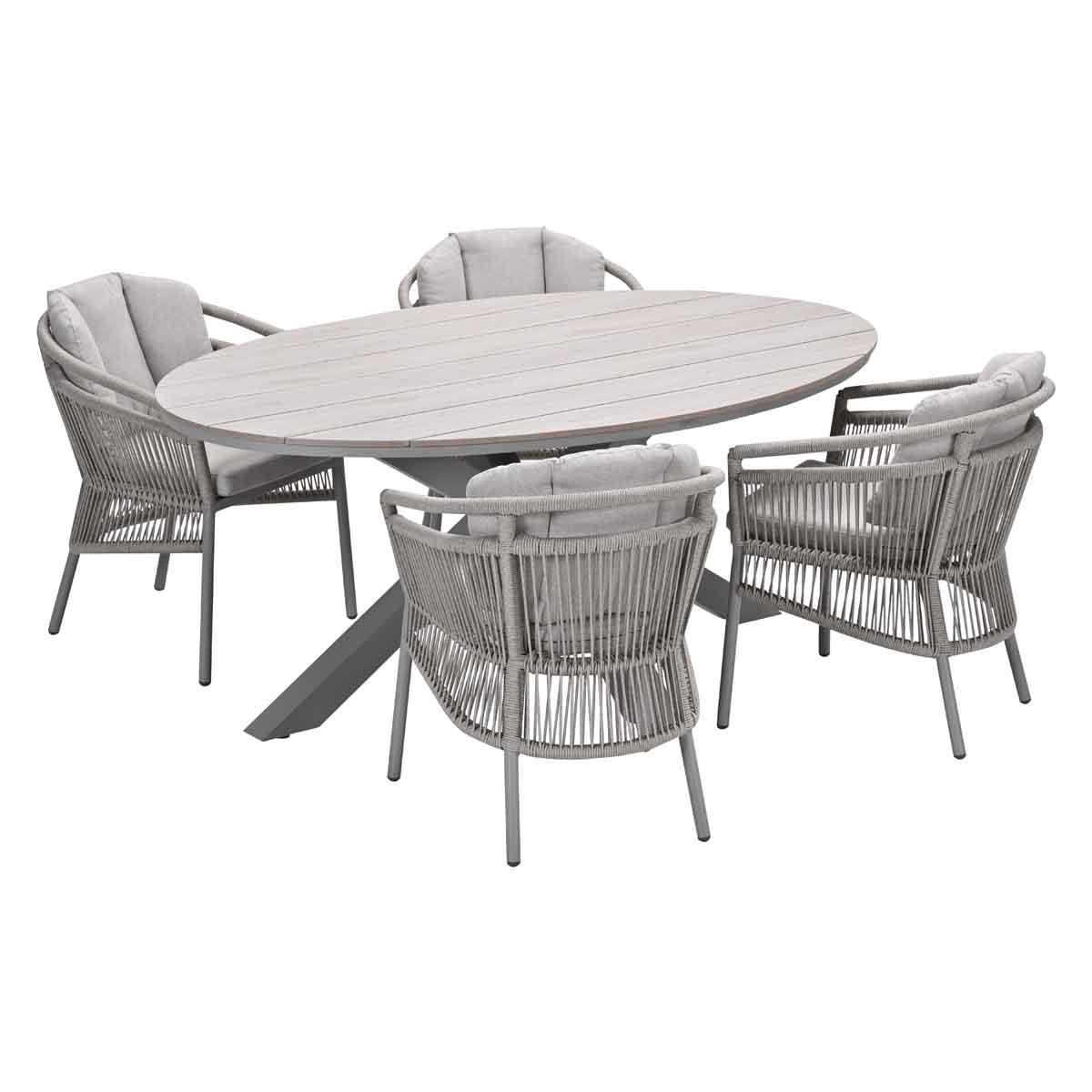 Buiten eethoek met een ovale tafel en vier stoelen. Witte achtergrond.