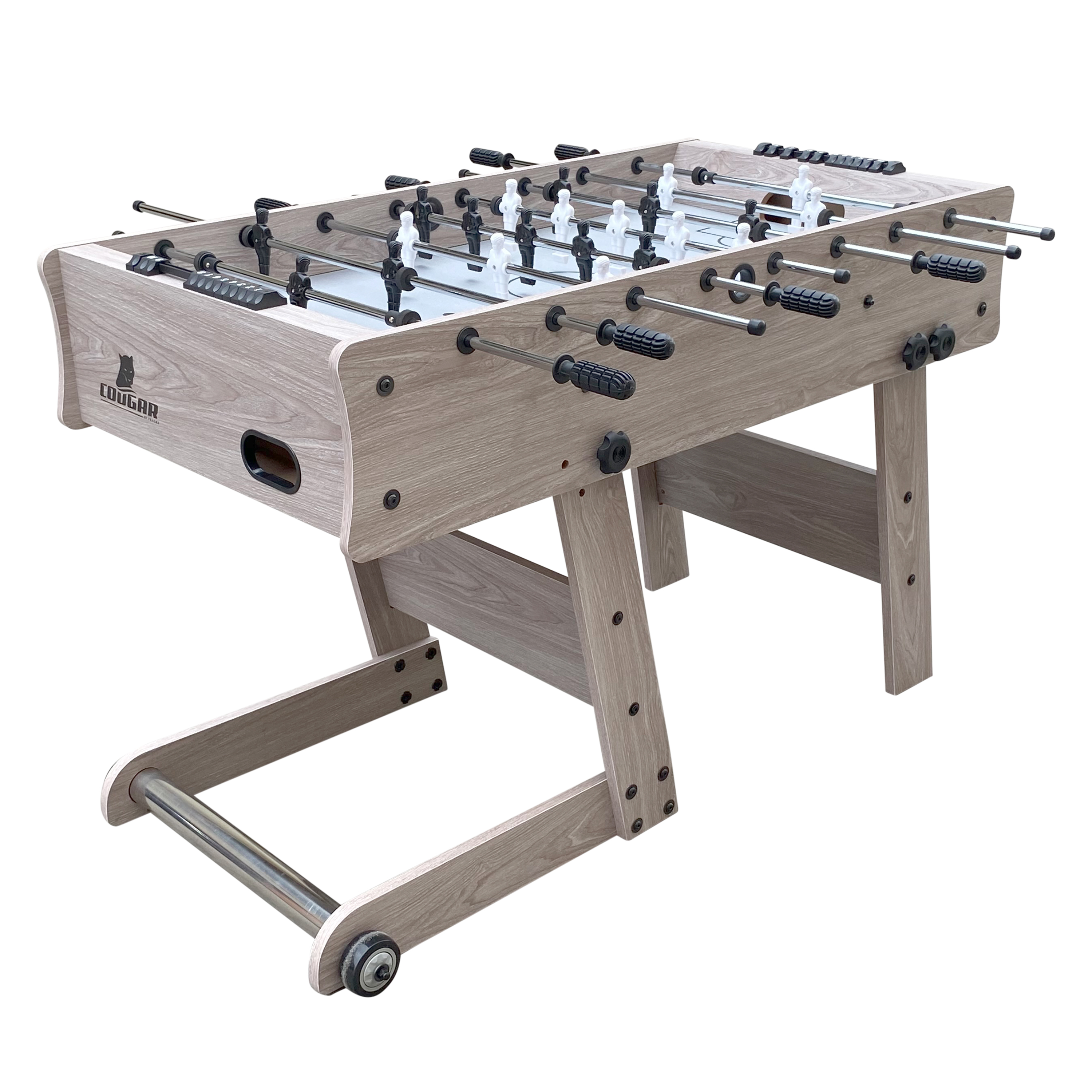 Ein Tischfußballtisch in hellen Holztönen, mit Spielern in Weiß und Schwarz.