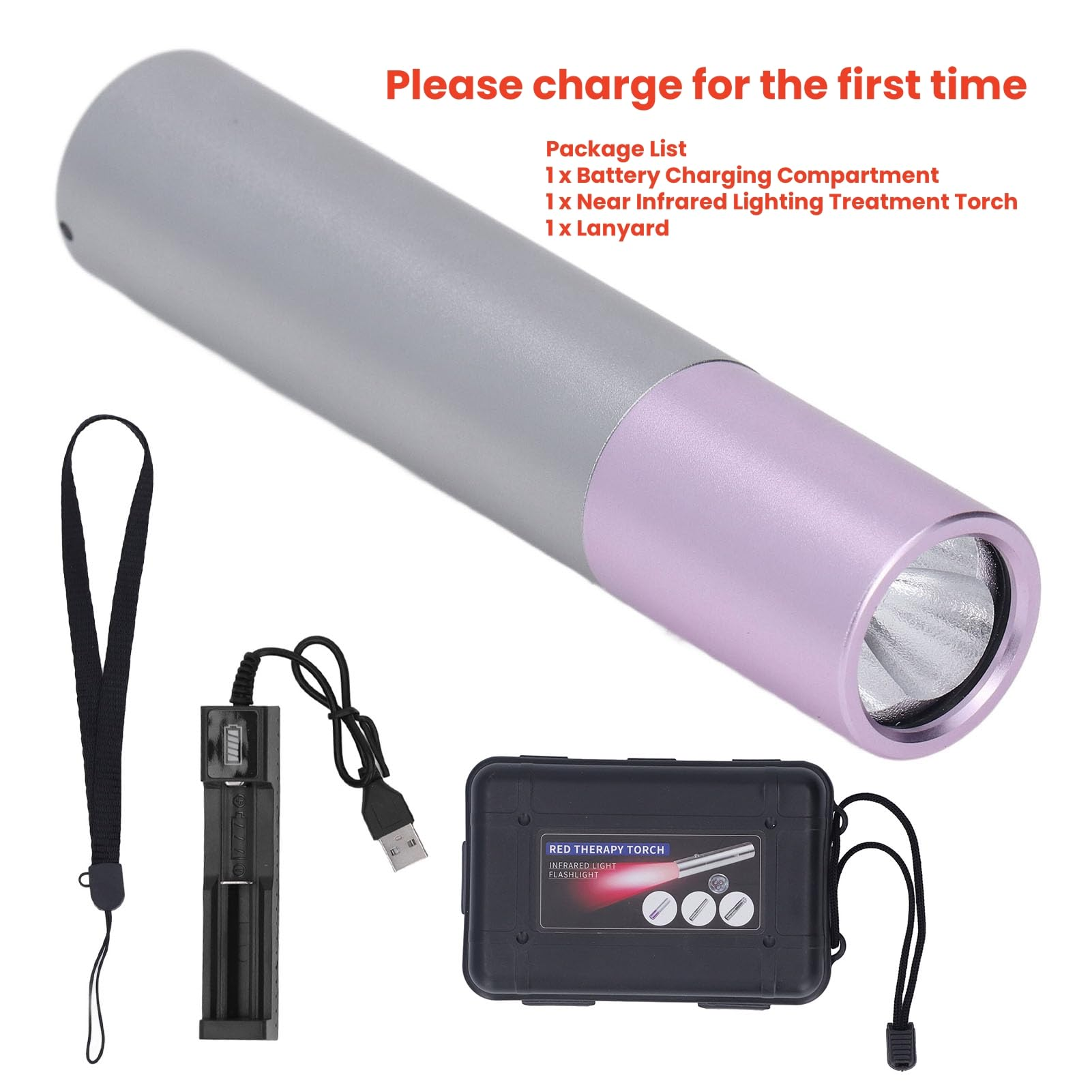 Eine silberne und rosa Taschenlampe mit Zubehör: Ladegerät, Batteriefach und Schlüsselband.