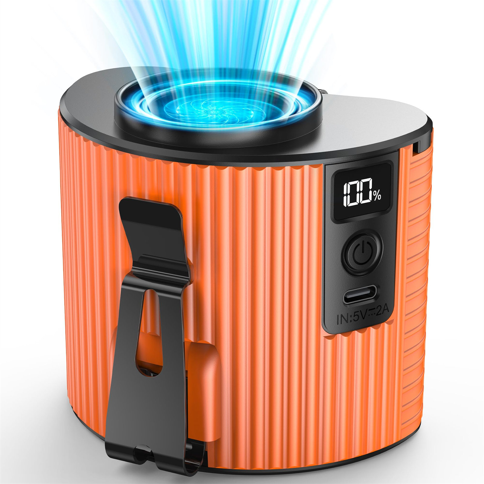 Oranger tragbarer Ventilator mit Digitalanzeige, schwarzem Clip und blauem Luftstrom.
