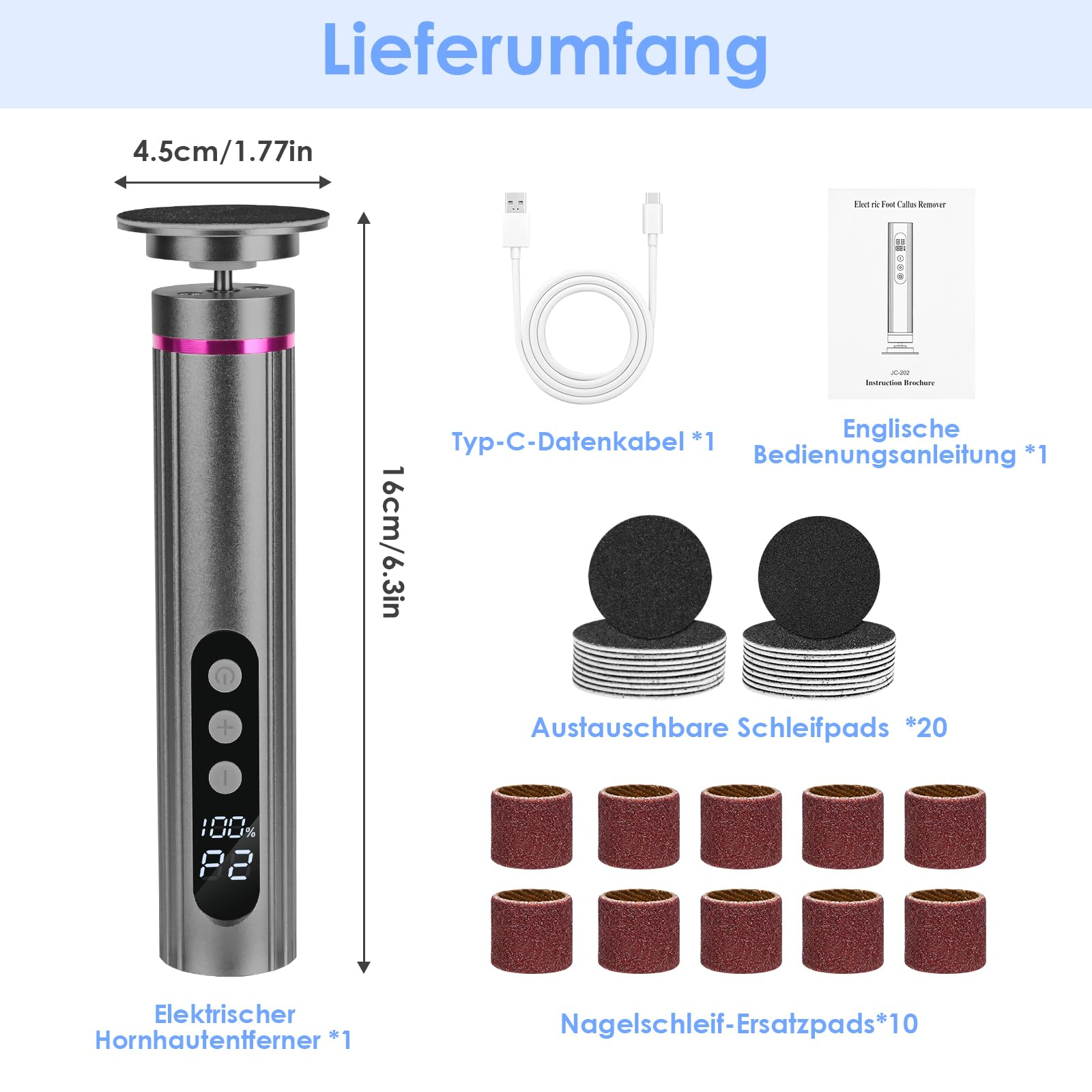 Ein elektrisches Nagelfeilen-Set mit Nagelfeile, Ersatzpads, USB-Kabel und Bedienungsanleitung.