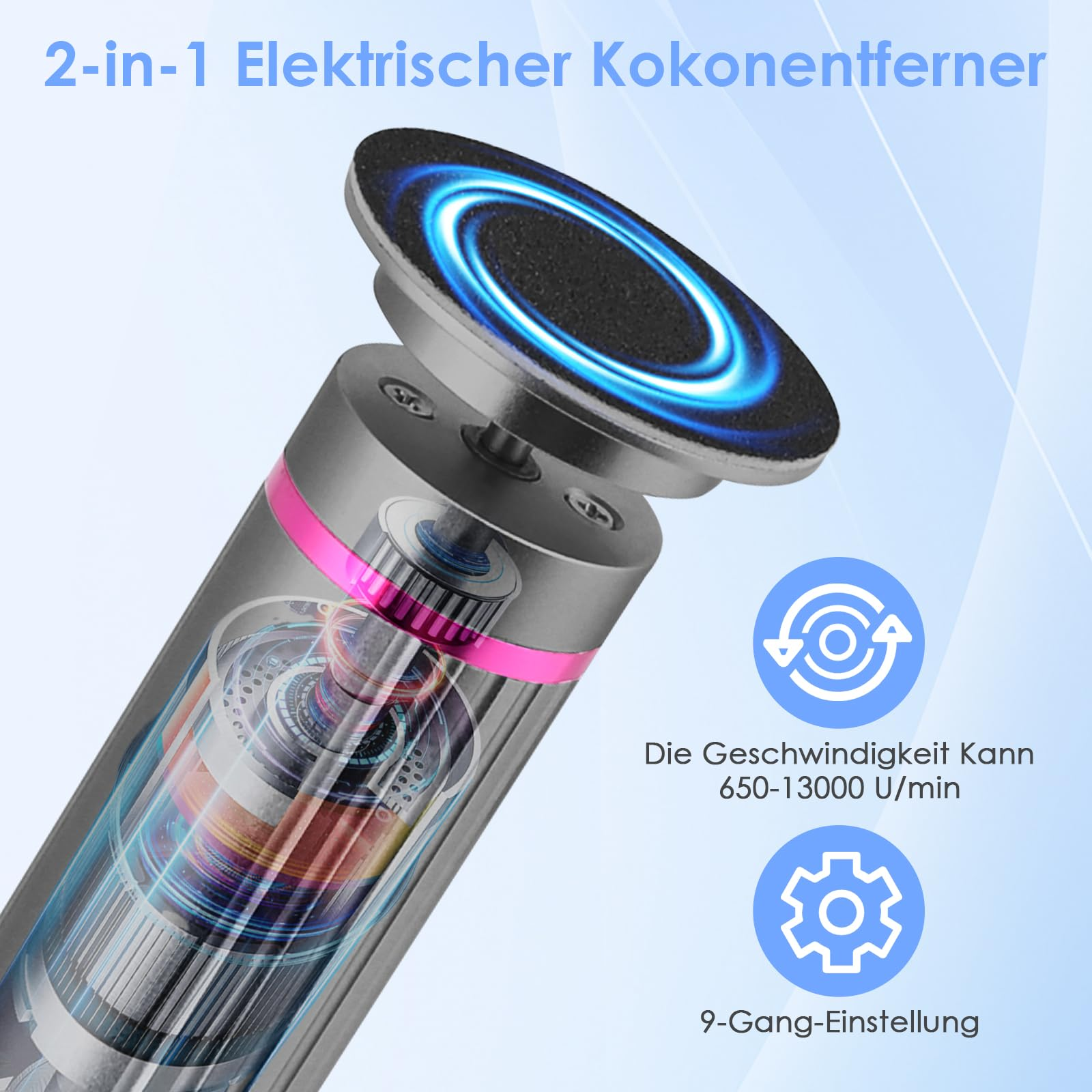 Nahaufnahme eines Fußpflegegeräts, mit einem Schnitt, der die inneren Komponenten und Geschwindigkeitseinstellungen zeigt.