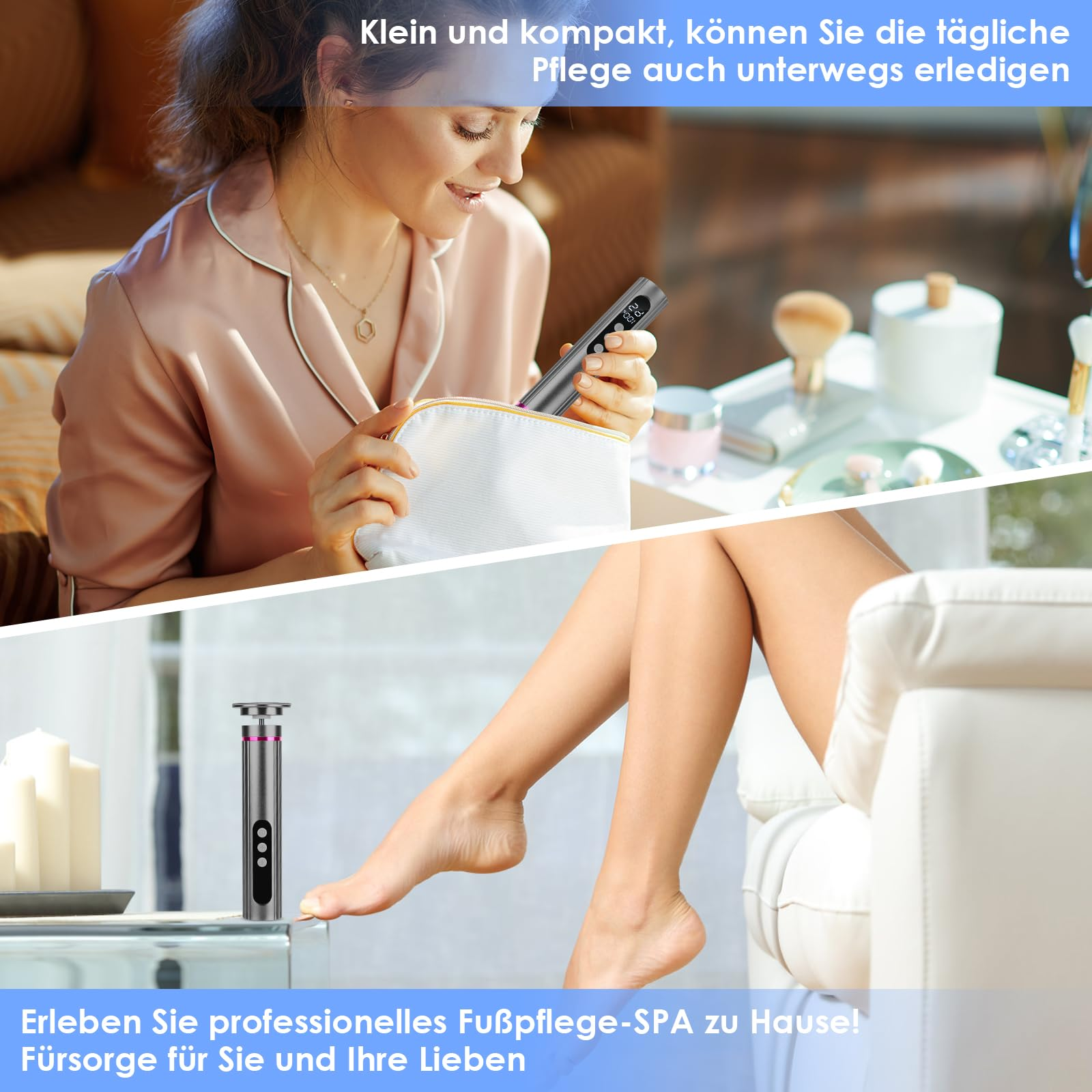 Eine Frau benutzt ein Fußpflegegerät. Das Bild zeigt einen sauberen Fuß und das Gerät.