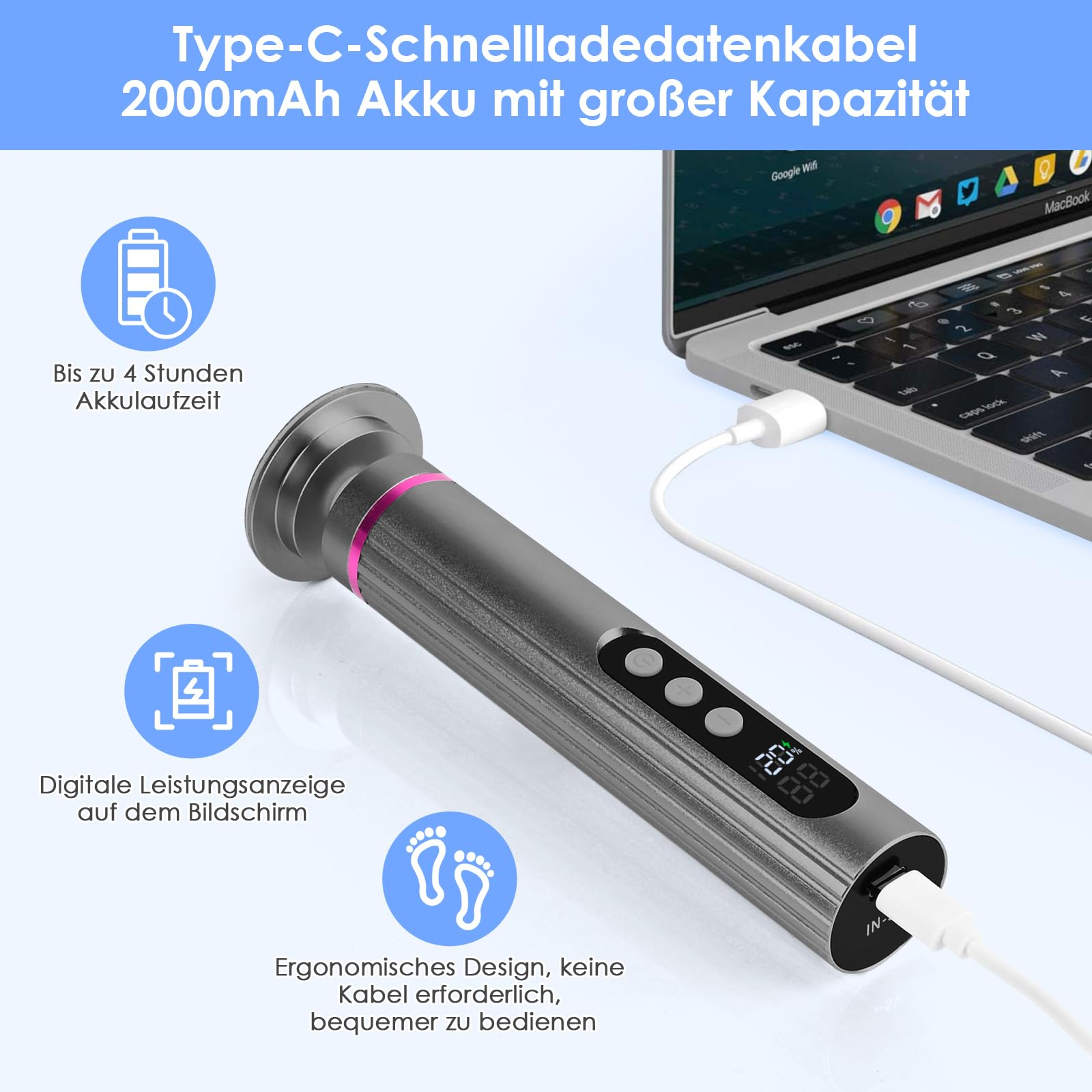 Ein Hand-Fußpflegegerät mit grauem Gehäuse, Display und Ladekabel, das an einen Laptop angeschlossen ist.