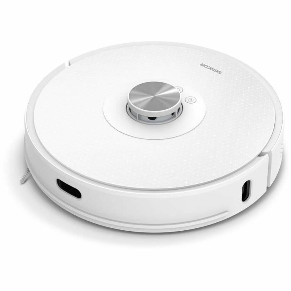 Una aspiradora robot blanca con tapa plateada y sensores visibles, y una base de carga.