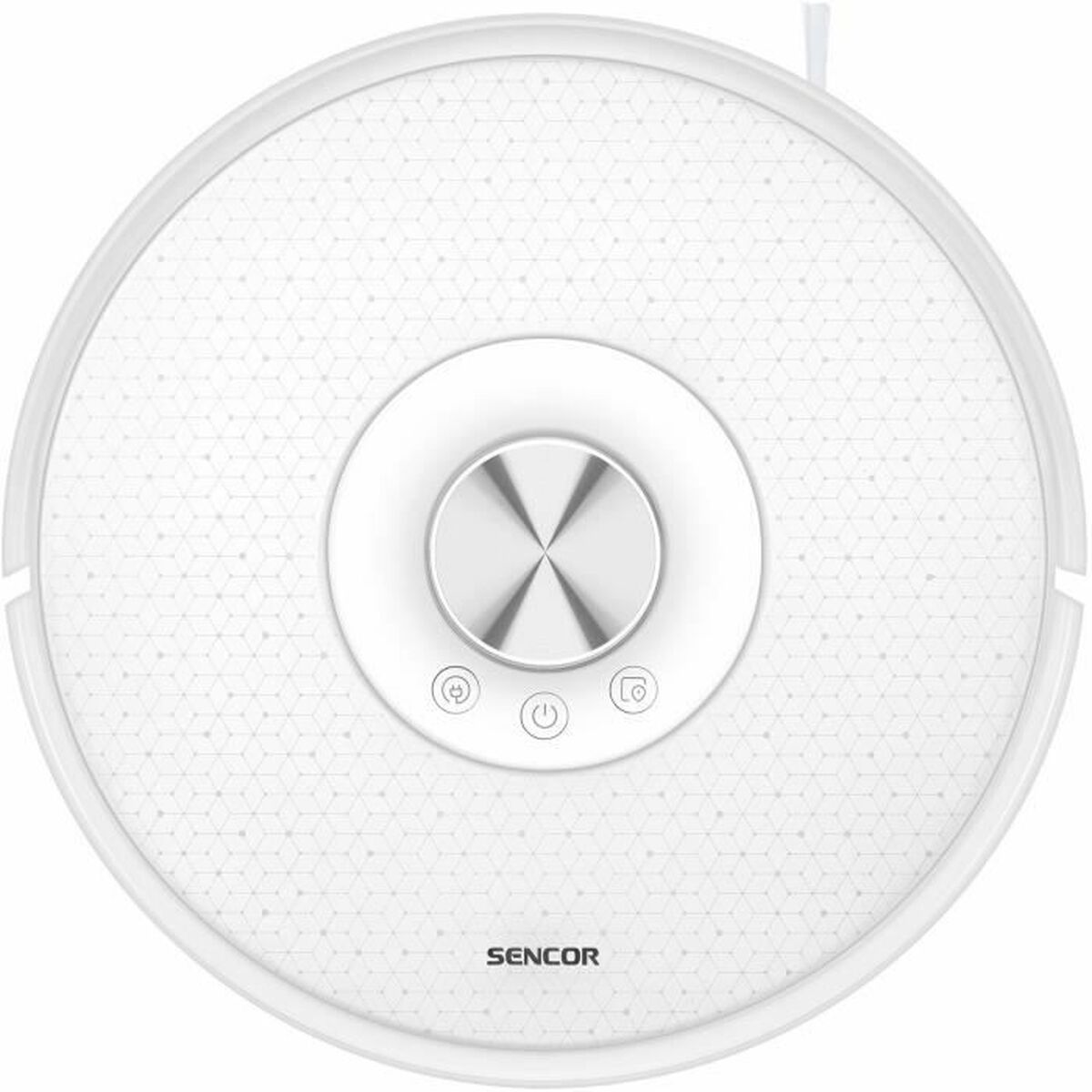 Un robot aspirador blanco y redondo con un panel de control central y la marca SENCOR.