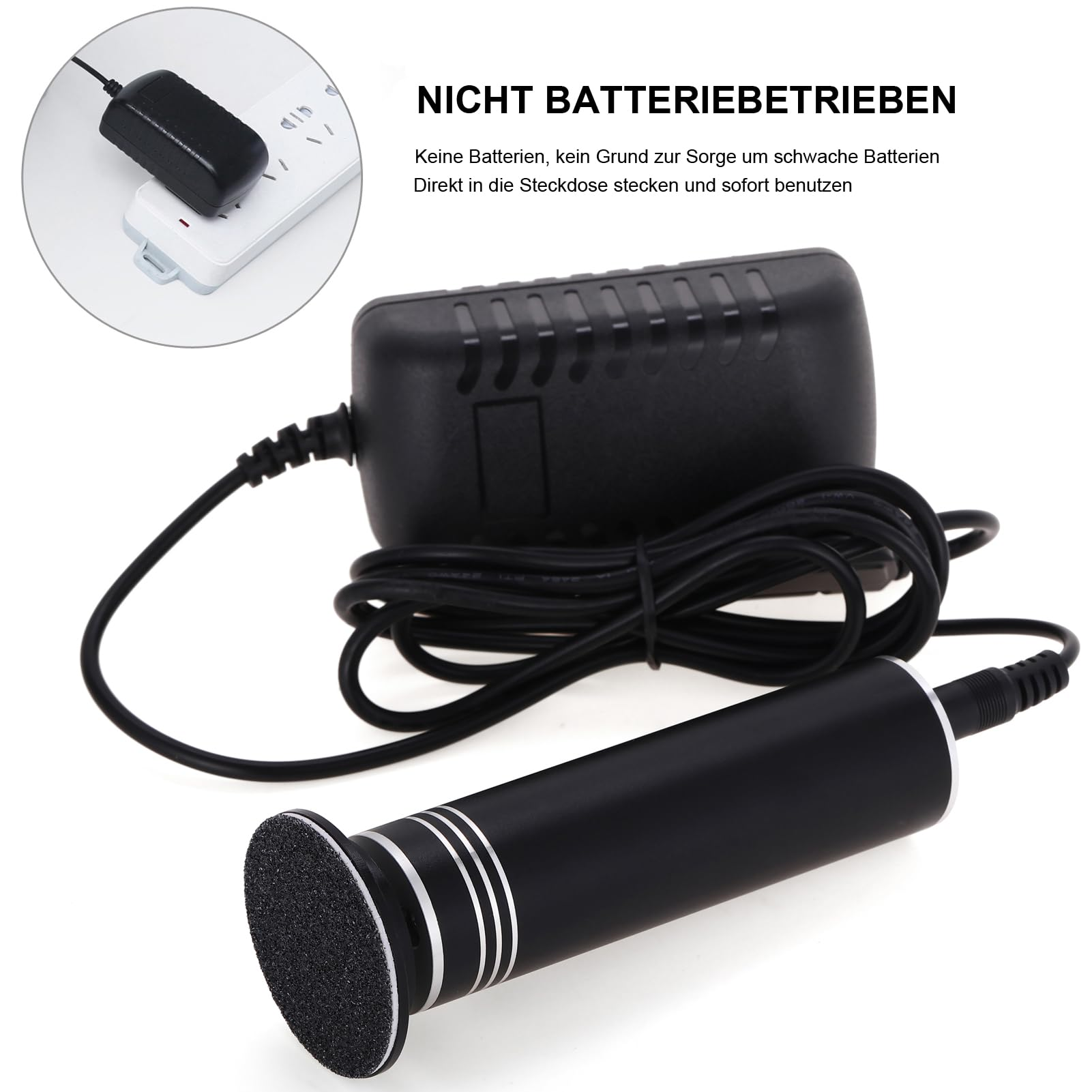 Gezeigt werden ein schwarzer Fußschleifer und ein Netzteil. Text lautet: 'Nicht batteriebetrieben'. Der Schleifer ist angeschlossen.