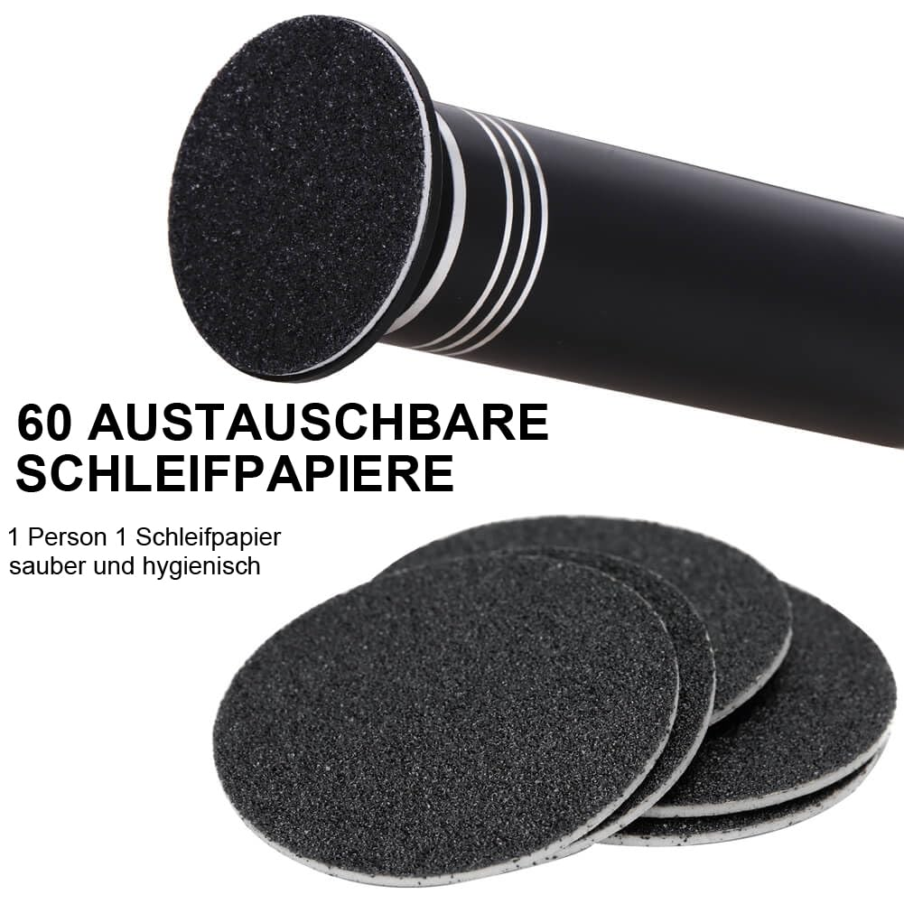 Drei schwarze, kreisförmige Schleifpads für ein Fußpflegegerät, mit Text über Ersatz und Hygiene.