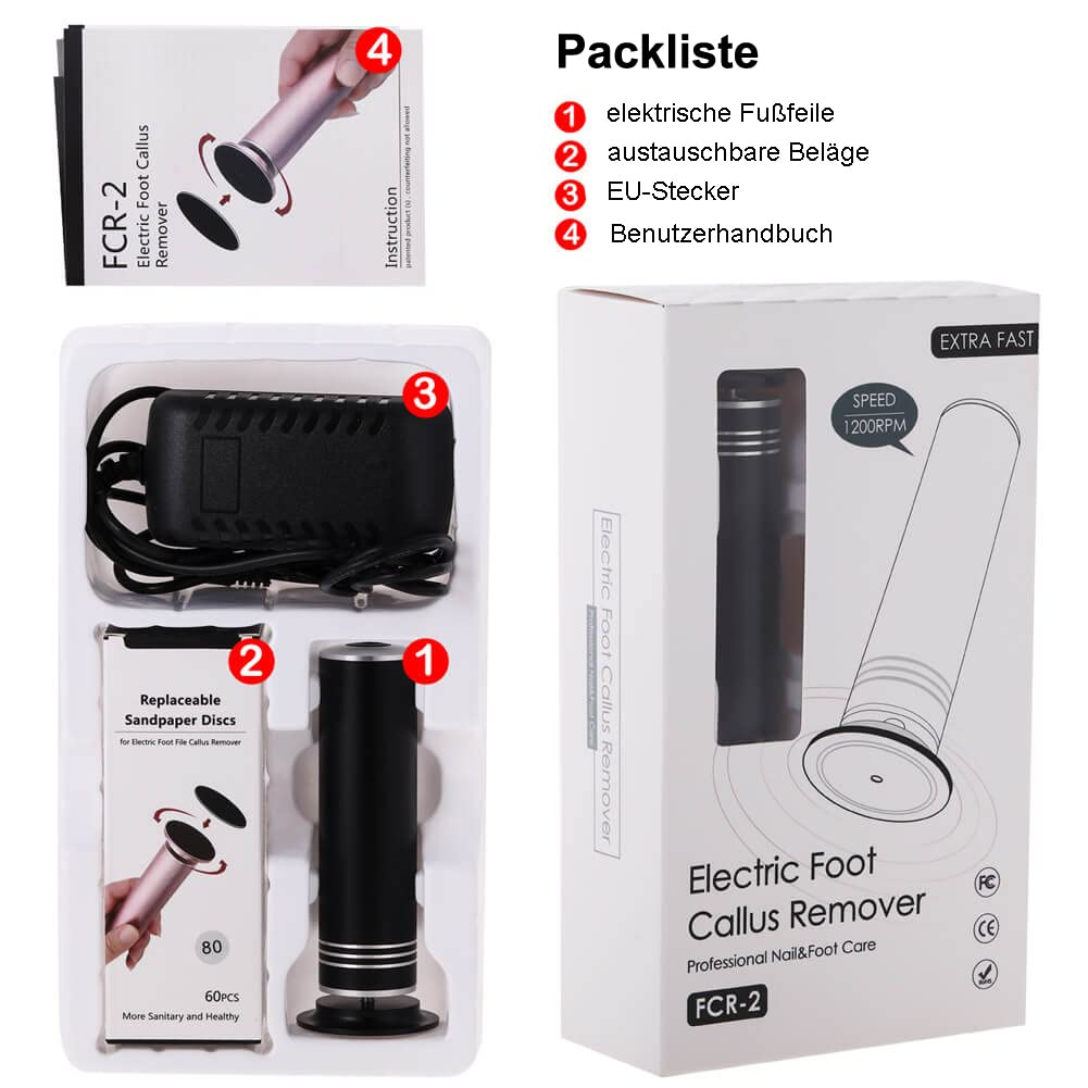 Eine Produktverpackung mit einem elektrischen Fußkallusentferner, seinen Komponenten und einer Box mit Text.