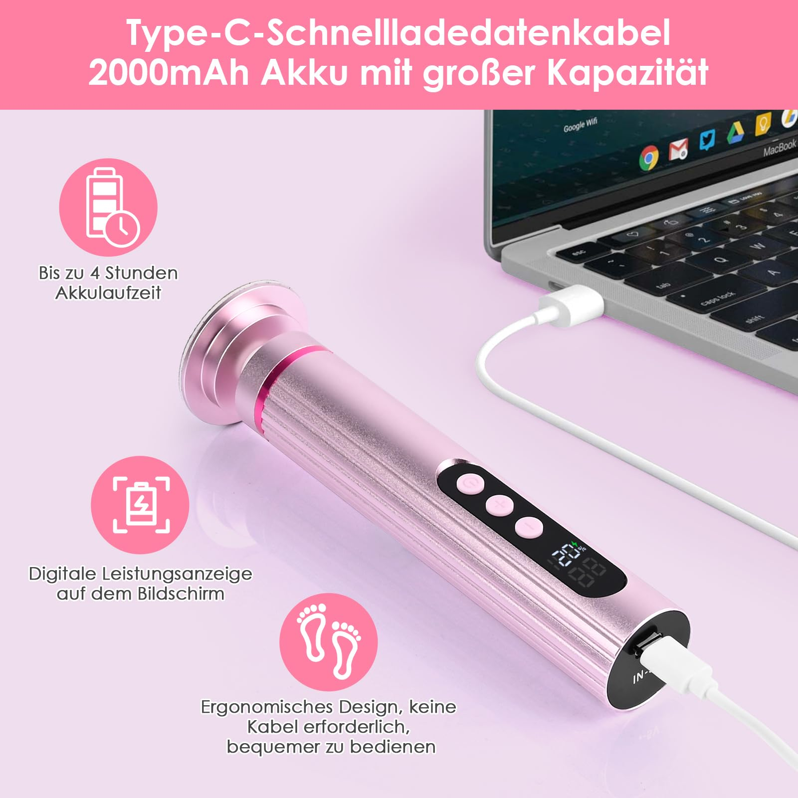 Rosa Schönheitsgerät, das in der Nähe eines Laptops mit Textbeschriftungen und Symbolen geladen wird.