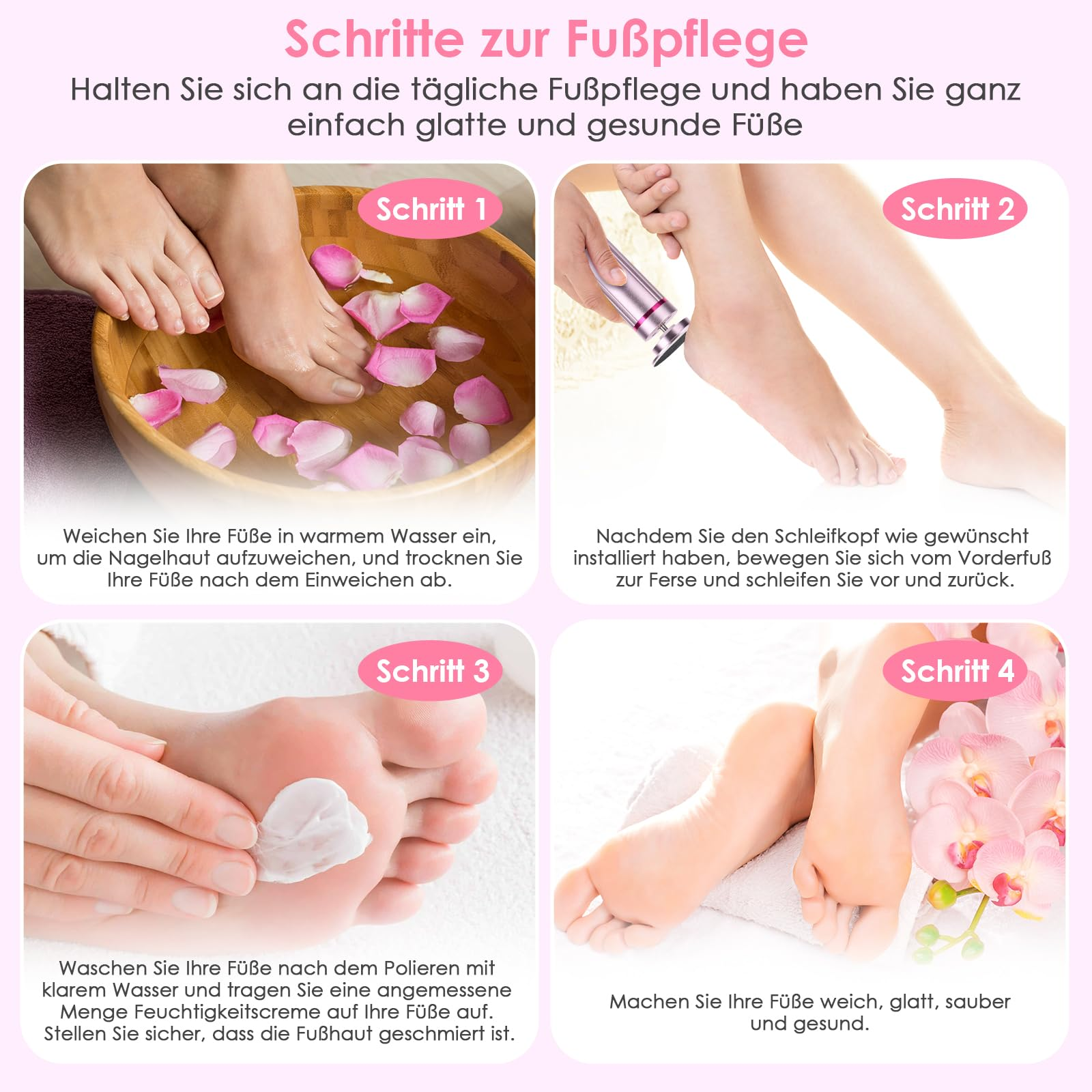 Schritte zur Fußpflege. Hände, Füße und Werkzeuge werden in verschiedenen Phasen mit Text beschriftet.