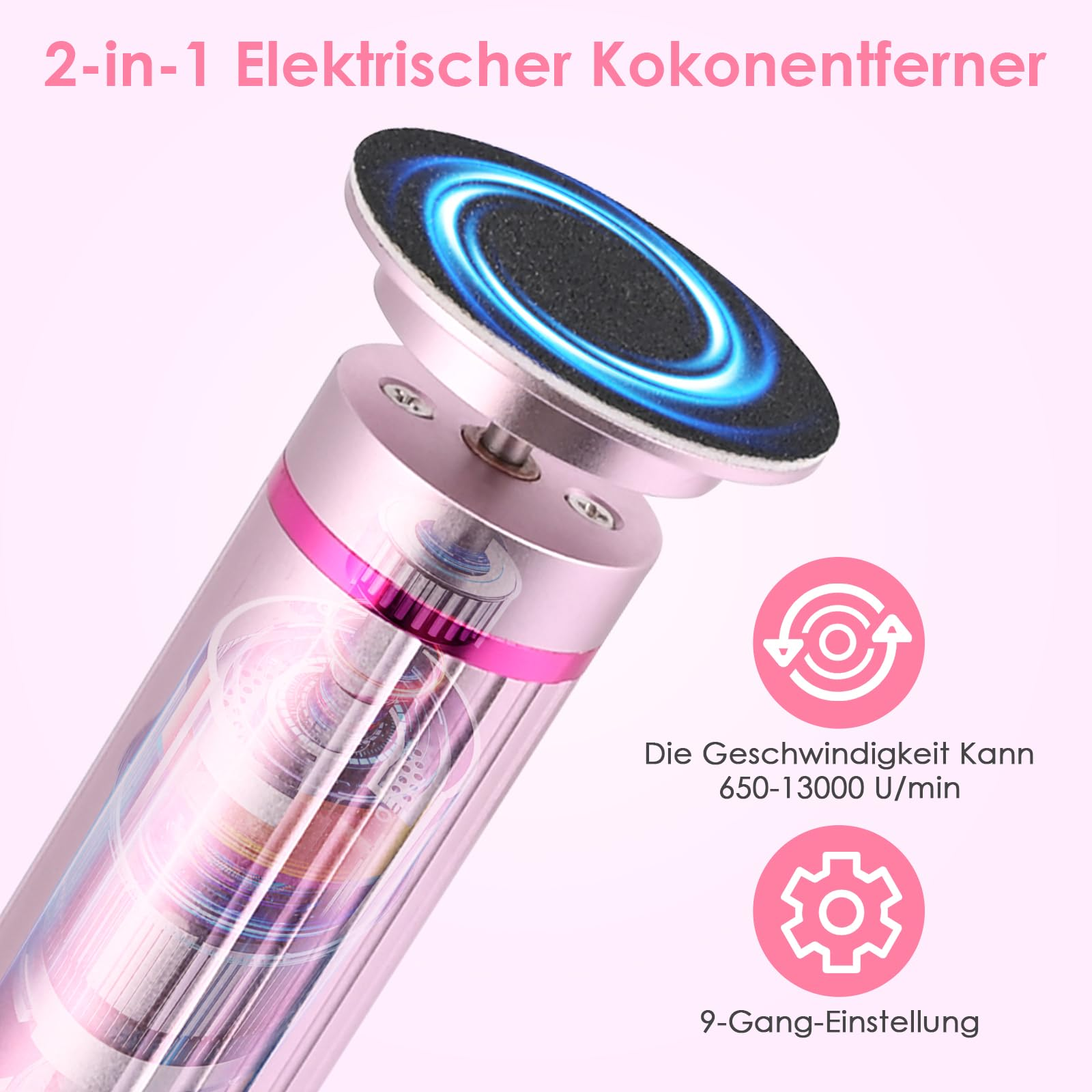Rosa Fußpflegegerät mit blauem Licht. Symbole zeigen Geschwindigkeit und Einstellungen. Weißer Hintergrund.