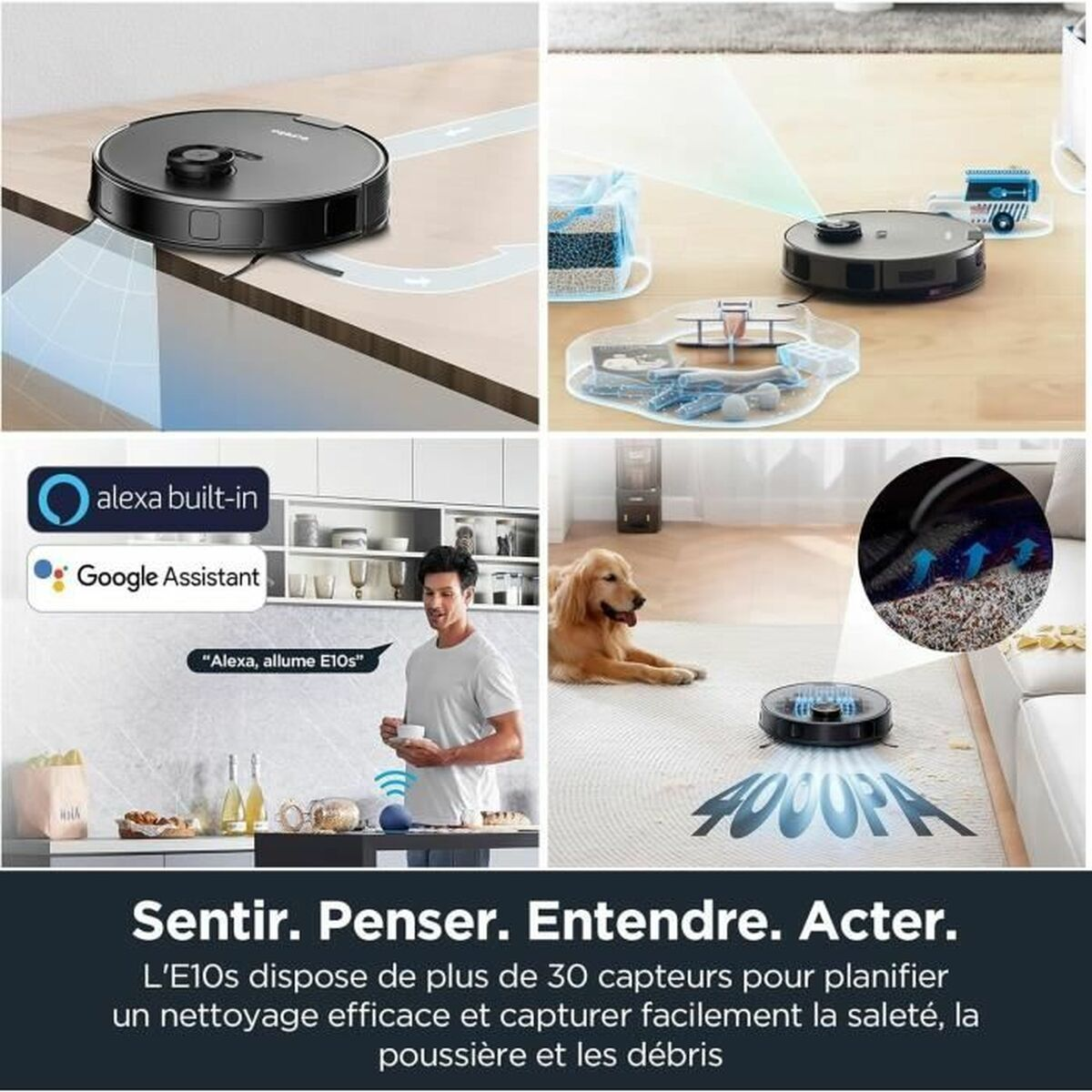 Eine Collage zeigt einen Roboterstaubsauger, der einen Boden reinigt, mit Google Assistant interagiert und einen Hund.