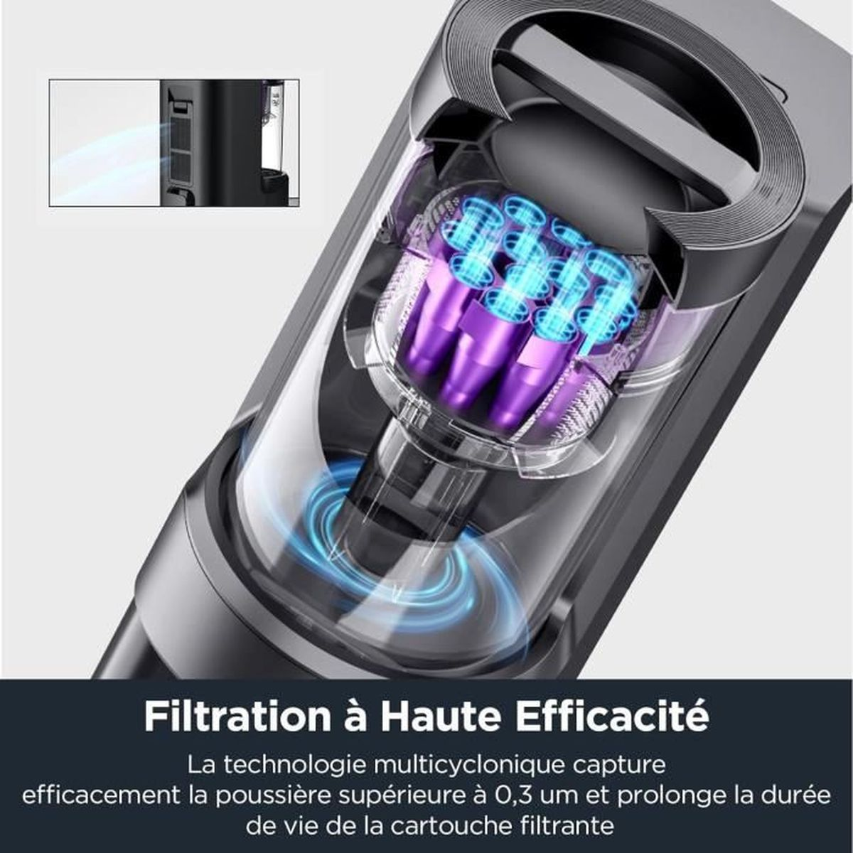 Querschnitt eines Staubsaugers, der interne Komponenten und den Text 'Filtration' zeigt.