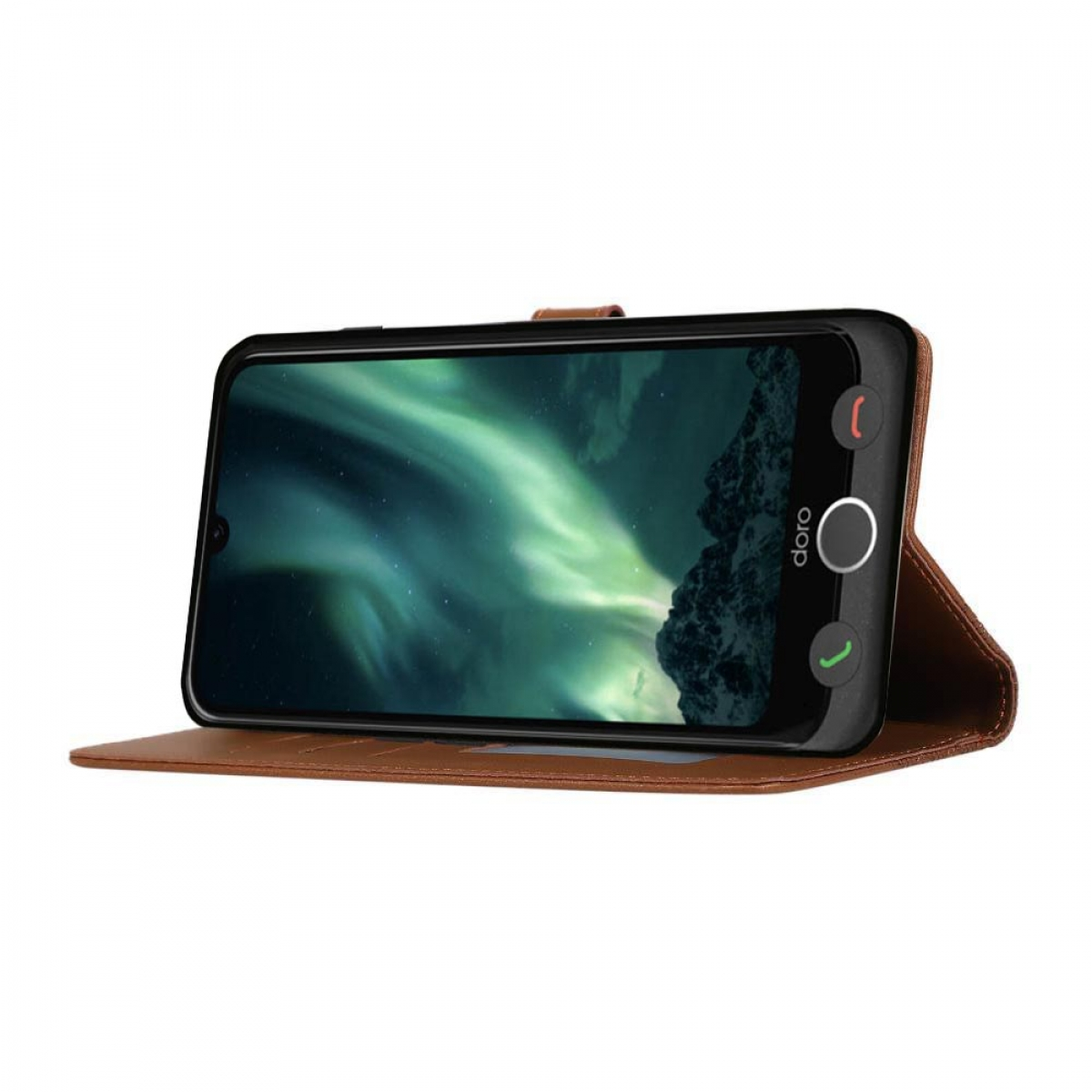Smartphone in brauner Ledertasche, zeigt eine Szene mit Nordlichtern.