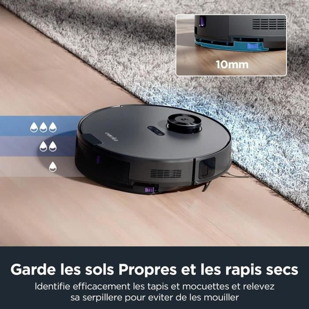 Ein schwarzer Roboter-Staubsauger auf einem grauen Teppich mit Text und Wassertropfen.
