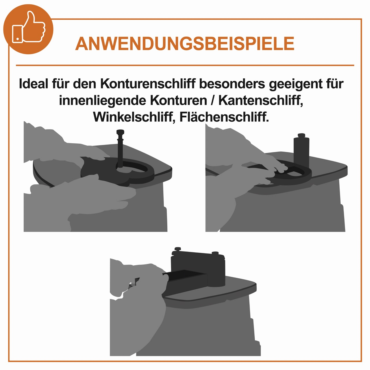 Anwendungsbeispiele. Silhouetten von Händen, die ein Werkzeug auf einer Oberfläche verwenden.