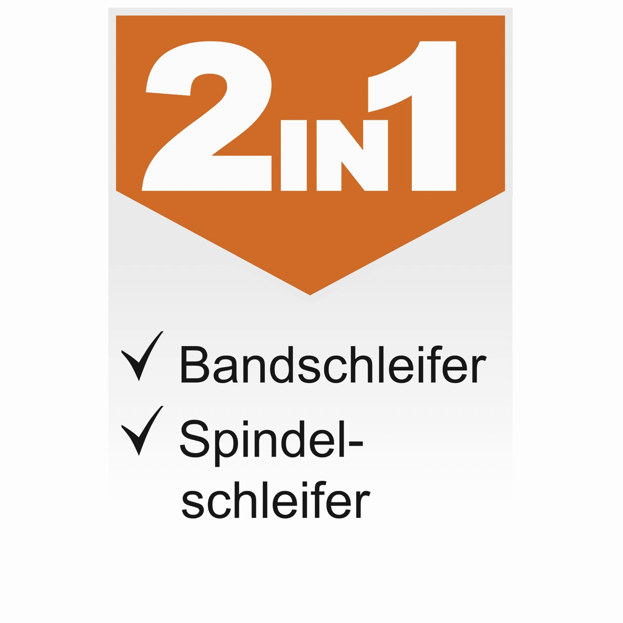 Oranges und weißes Etikett mit Text, der auf einen 2-in-1-Bandschleifer und einen Spindelschleifer hinweist.