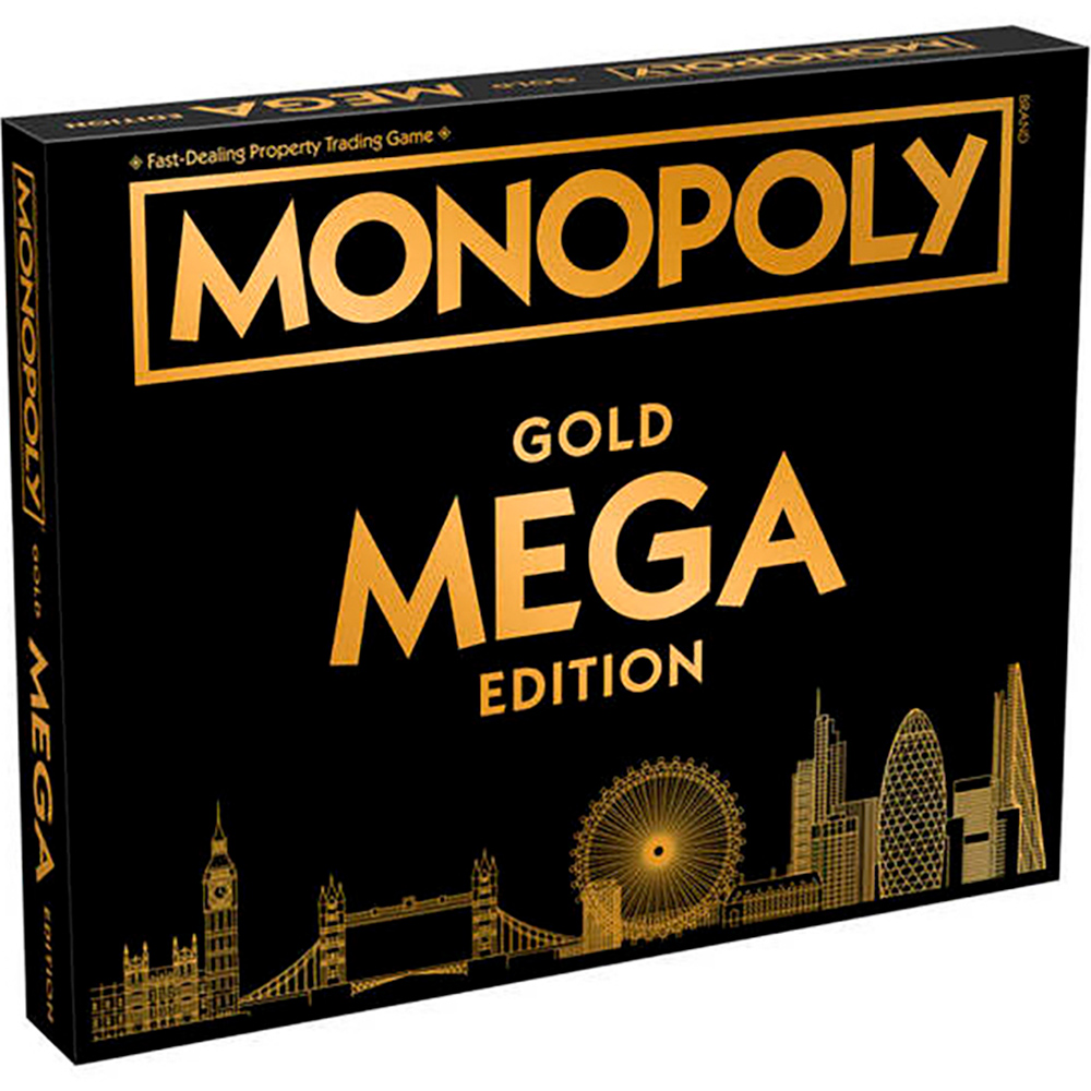 Monopoly Gold Mega Edition Box mit goldfarbenen Schriftzügen und Illustrationen von Wahrzeichen.