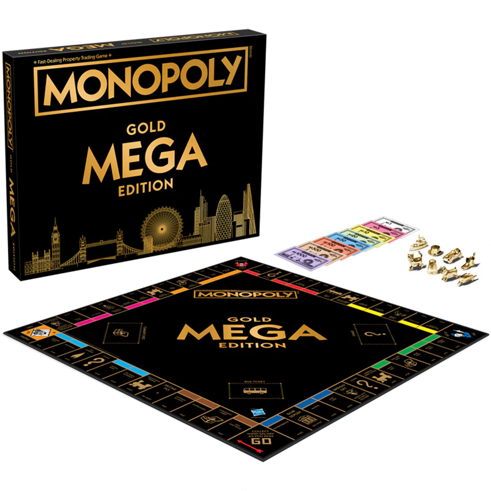 Monopoly Gold Mega Edition Box, Spielbrett, Spielgeld und Spielsteine auf weißer Oberfläche.