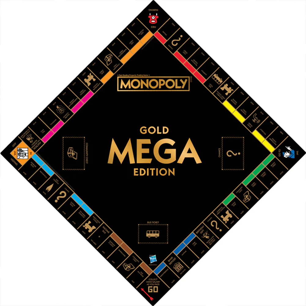 Monopoly Gold Mega Edition Spielbrett mit schwarzem Hintergrund und goldenen Akzenten.