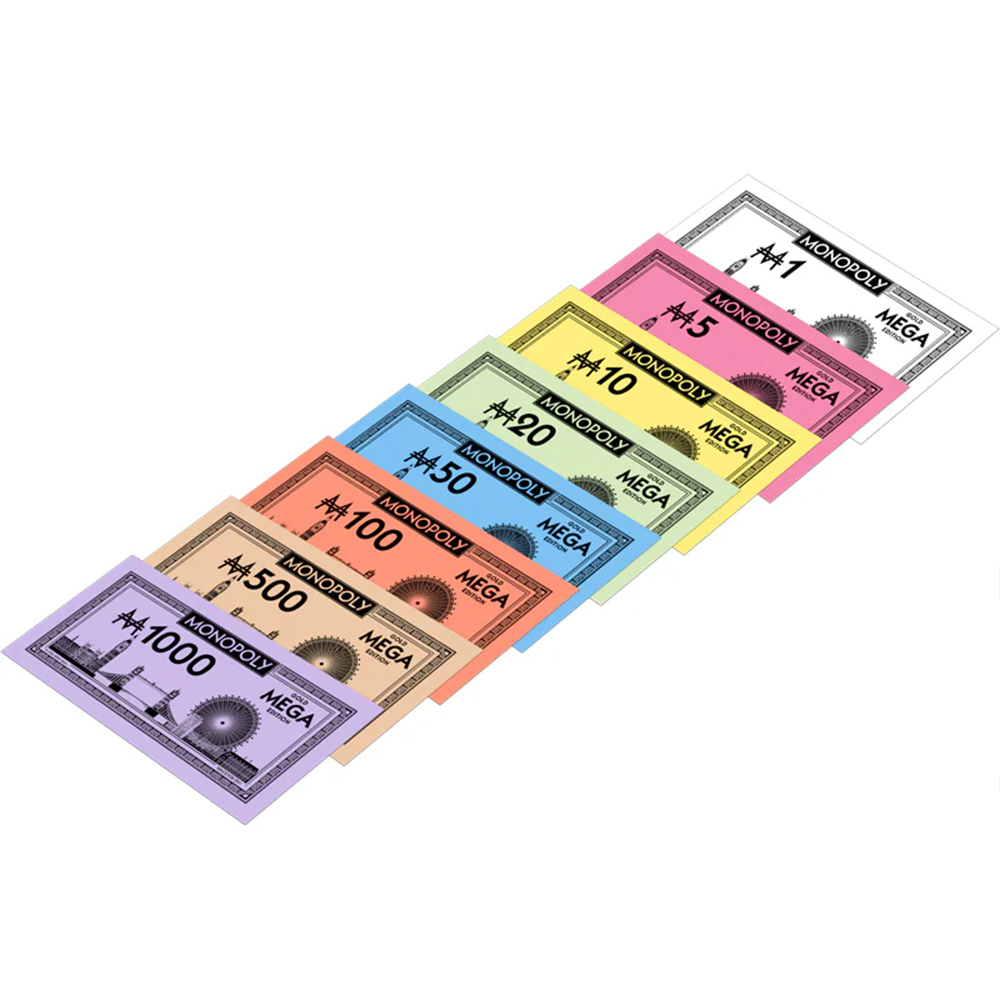 Monopoly Mega Edition Geld in verschiedenen Farben und Stückelungen, von 1 bis 1000 Dollar.