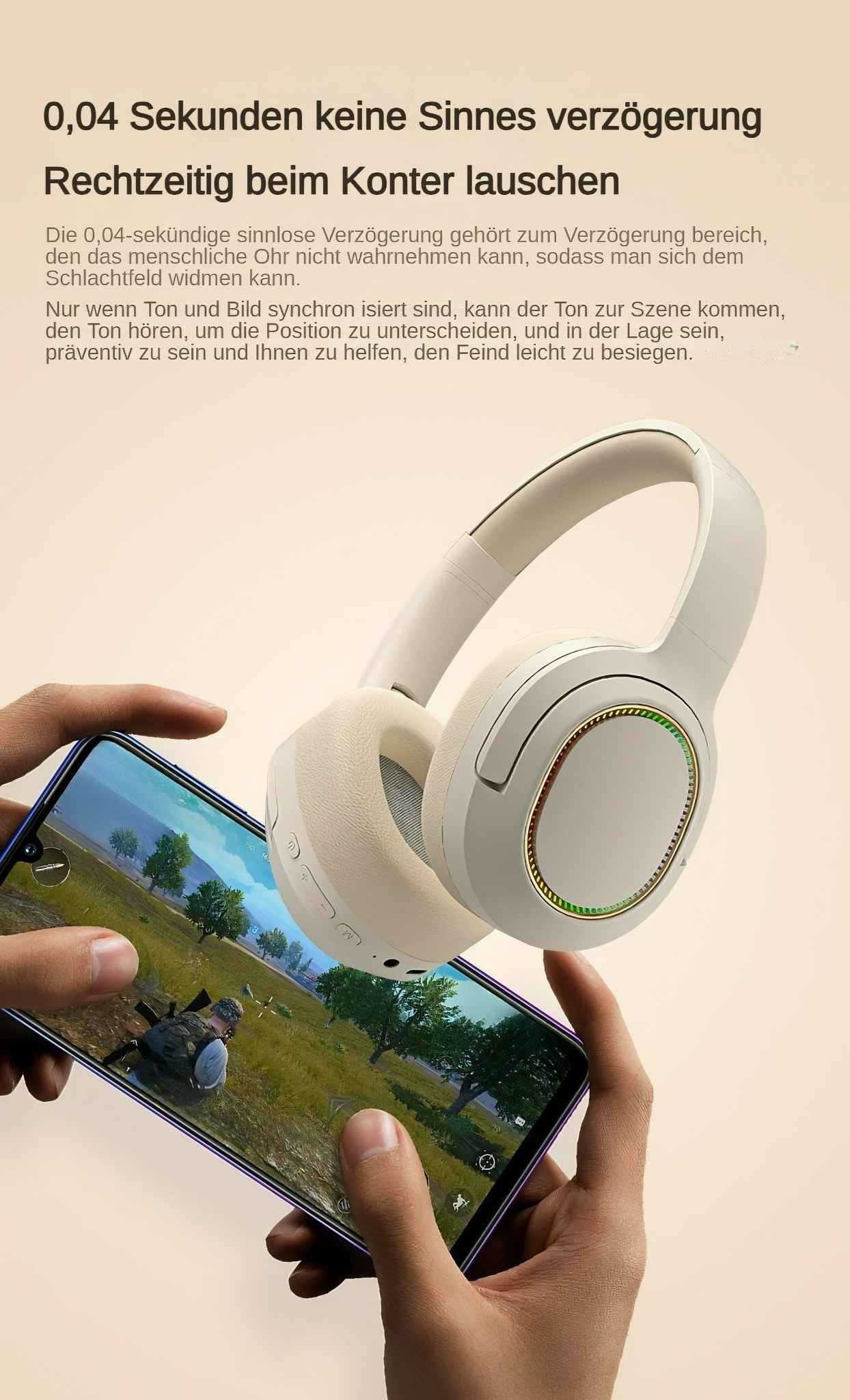 Hände halten ein Telefon mit Spielbildschirm und einen weißen Kopfhörer. Hintergrund mit Text.