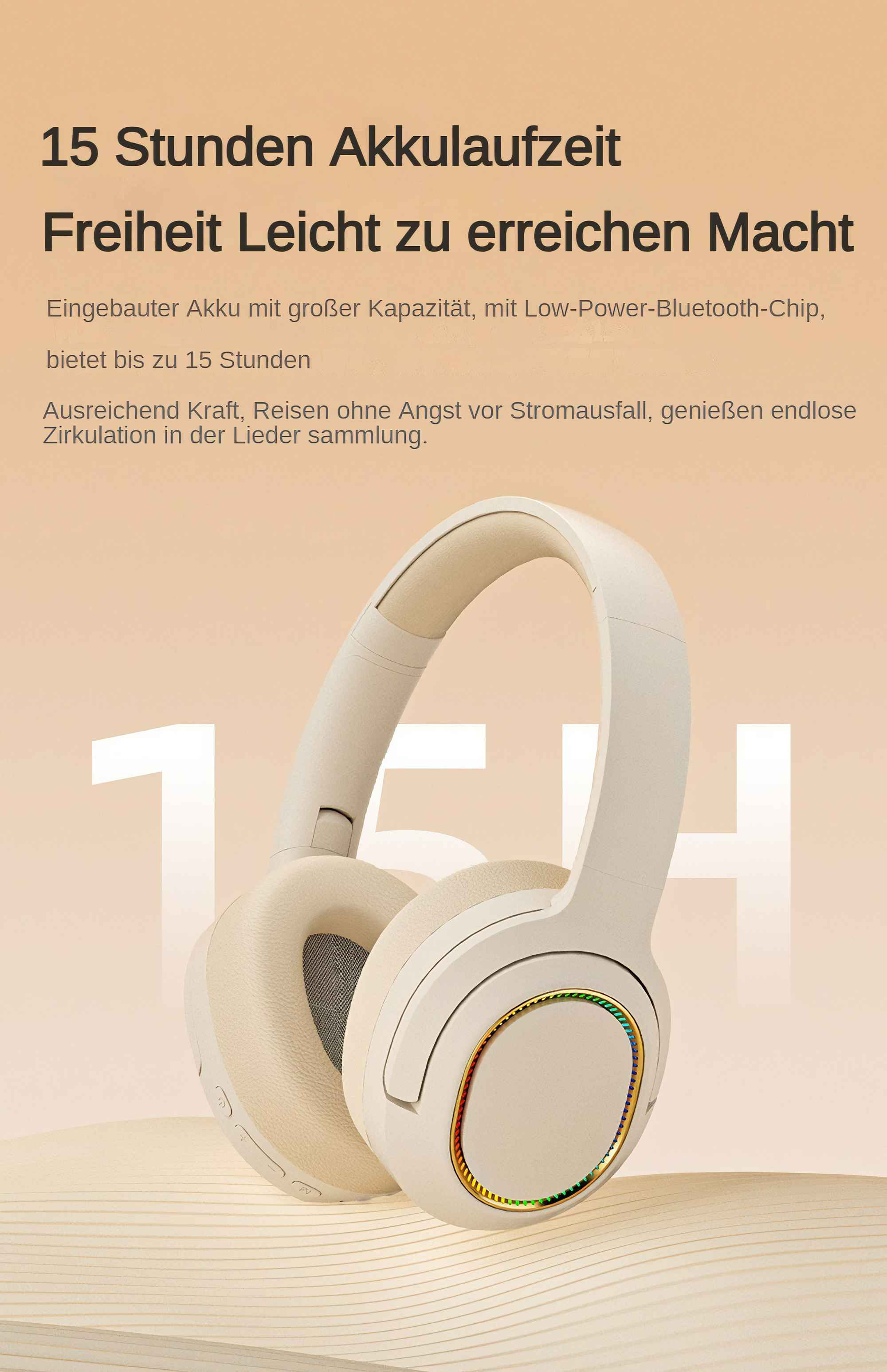 Weiße Kopfhörer. Text auf Deutsch über Akkulaufzeit und Funktionen.