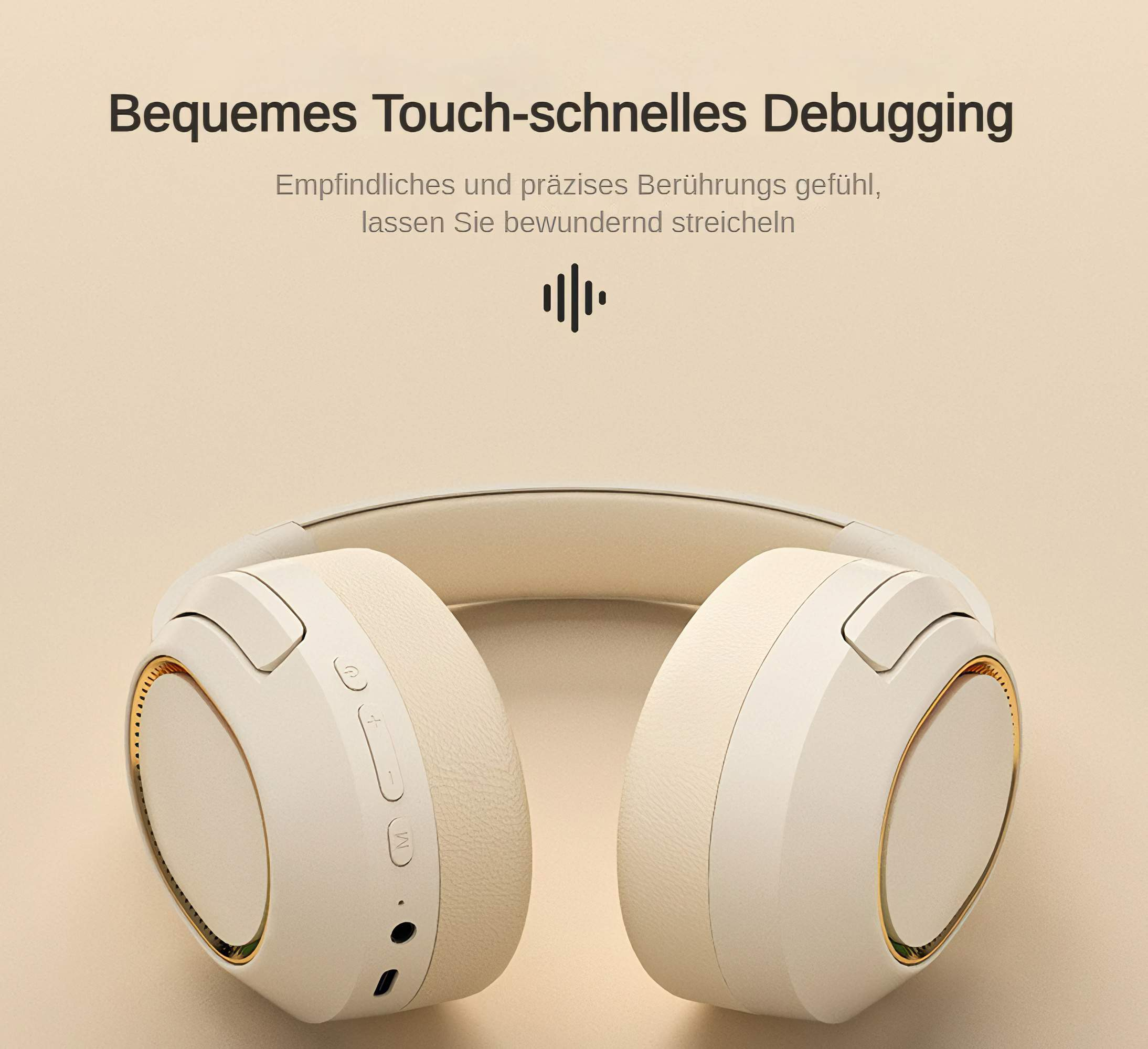 Weiße Kopfhörer. Nahaufnahme. Text oben. Der Hintergrund ist cremefarben.