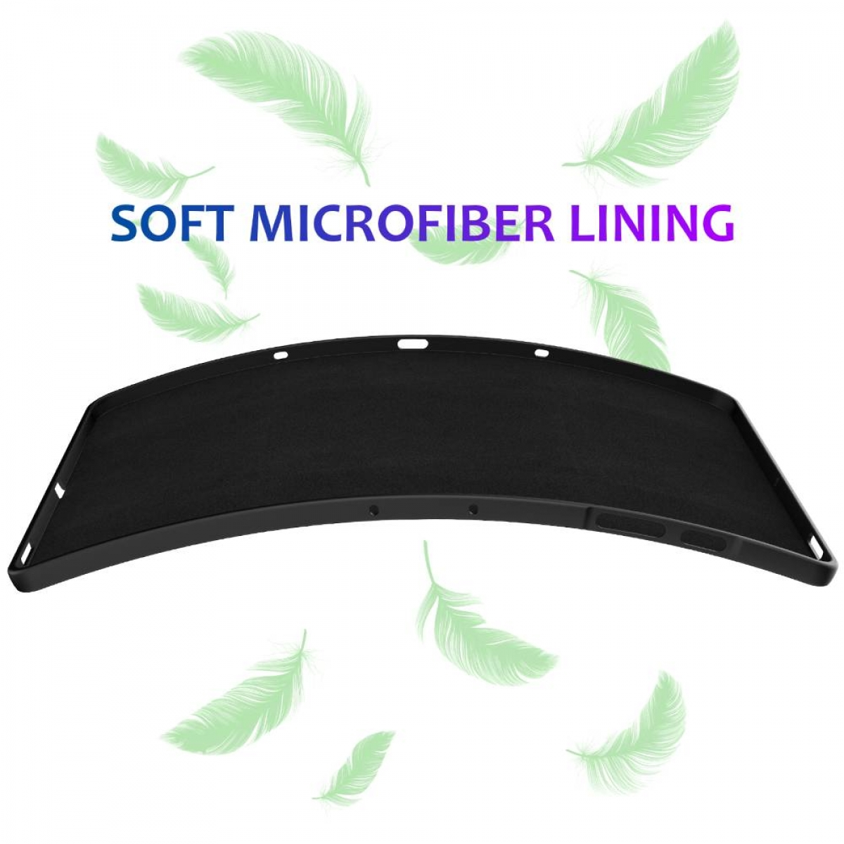 Schwarzes, gebogenes Objekt mit dem Text "SOFT MICROFIBER LINING" und Federgrafiken auf weißem Hintergrund.