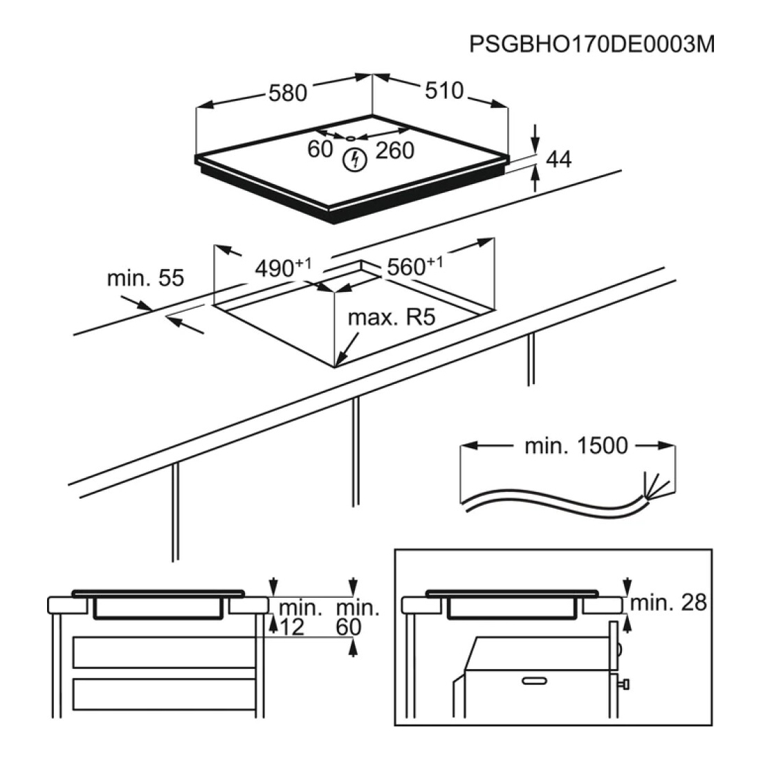 Disegno tecnico di un piano cottura con dimensioni e dettagli di installazione.