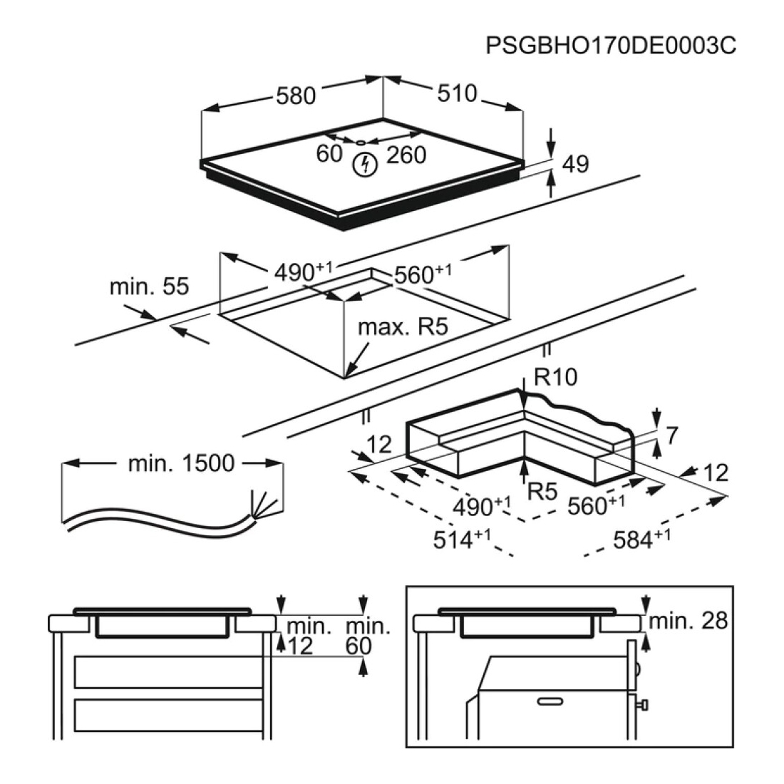 Un diagramma in bianco e nero di un piano cottura, con dimensioni e specifiche tecniche.