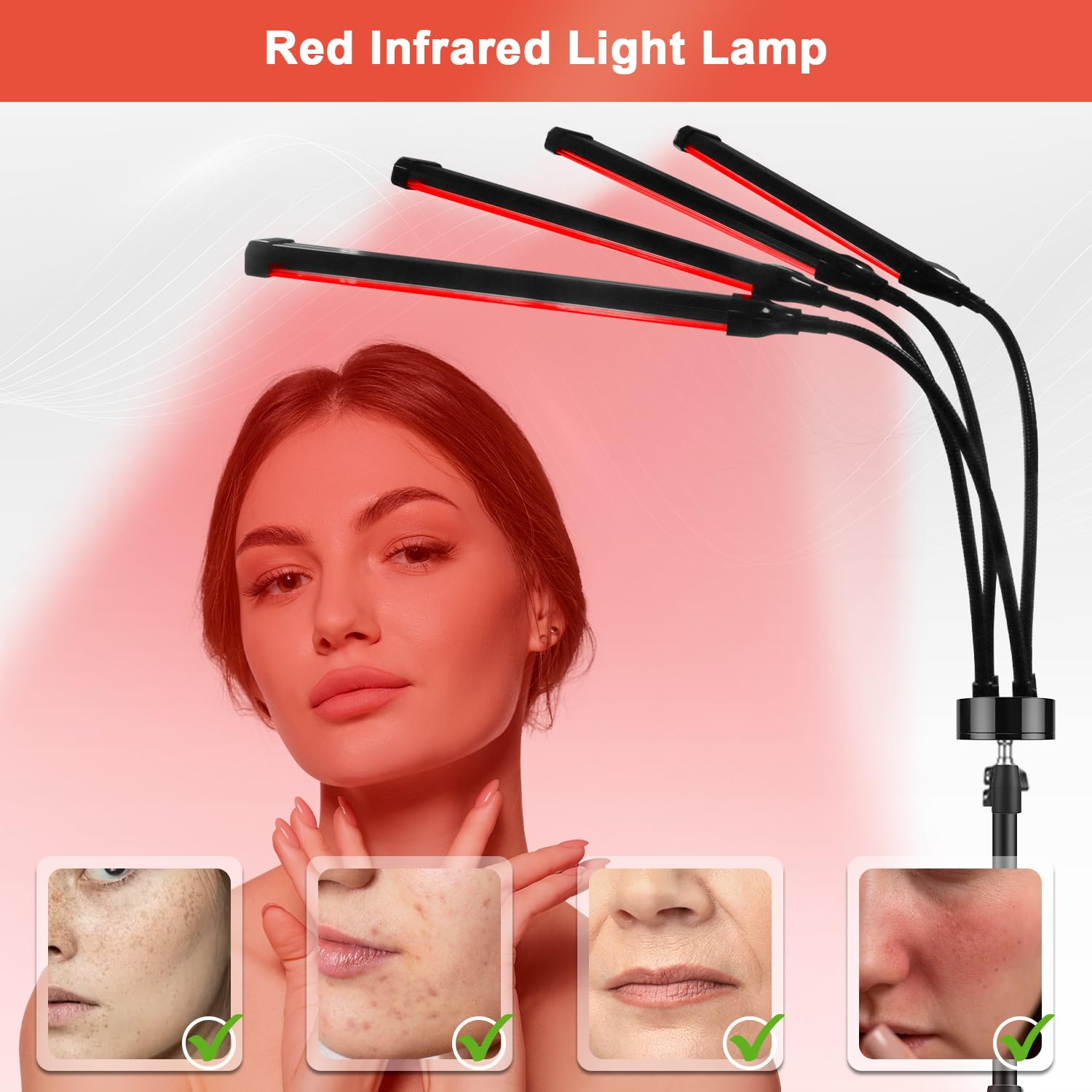 Gesicht einer Frau unter rotem Licht. Das Bild zeigt Rotlichttherapielampe und Beispiele für Hauterkrankungen.