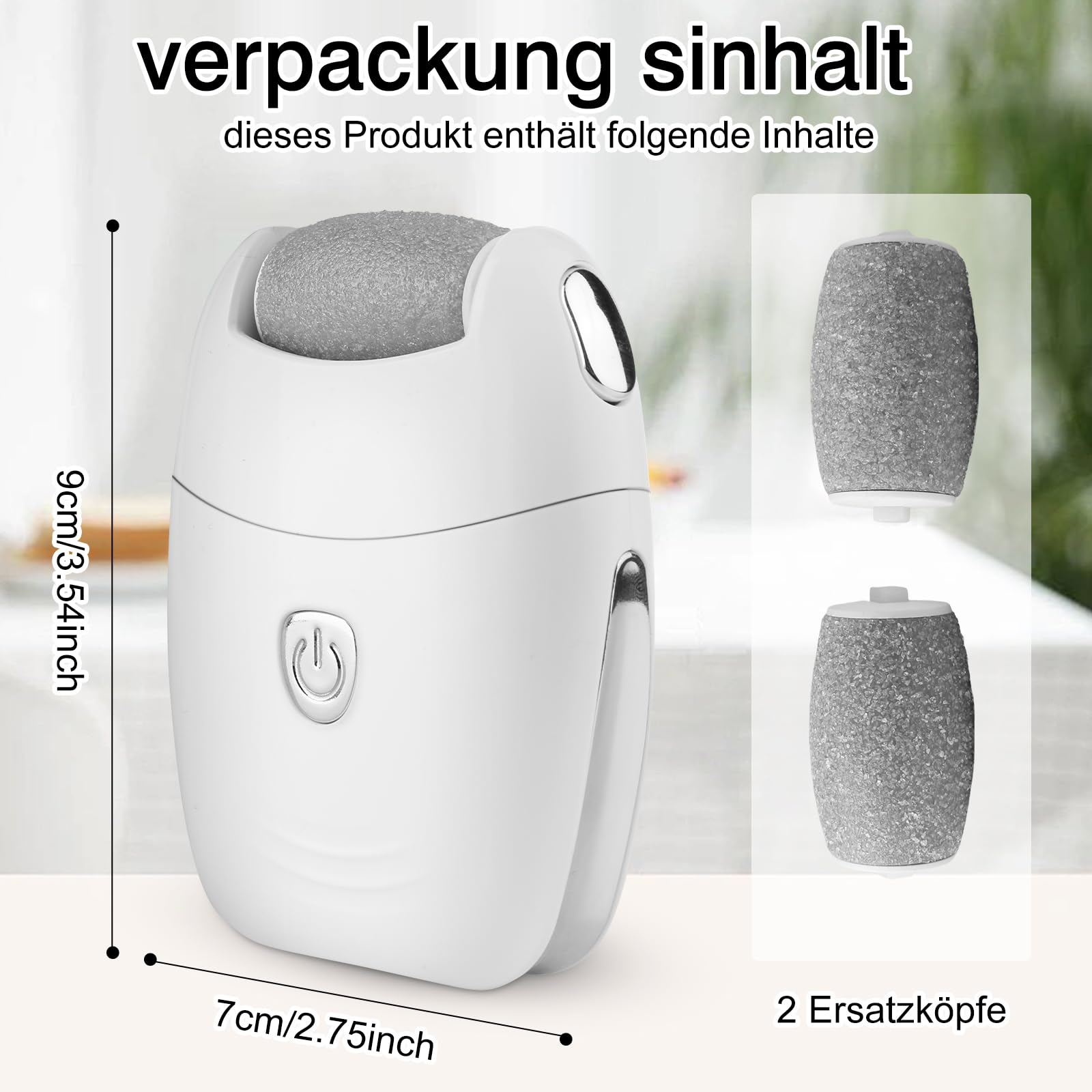 Weißes Fußpflegegerät mit zwei Ersatzköpfen. Das Gerät hat einen Ein- / Aus-Knopf und Größenangaben.