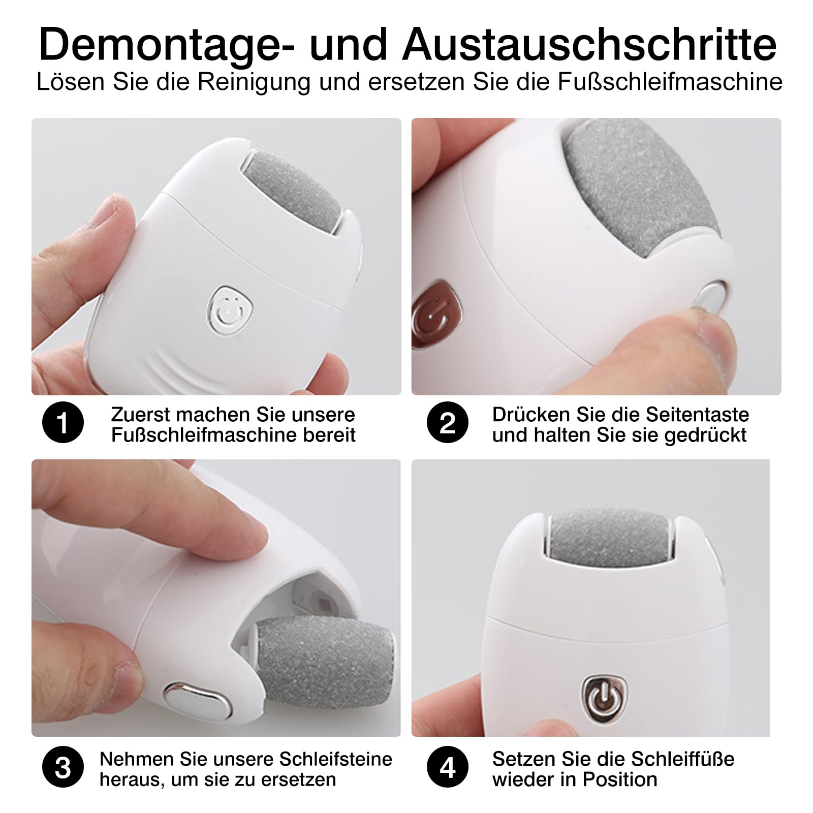 Eine Reihe von vier Bildern, die die Demontage und den Zusammenbau eines Fußpflegegeräts demonstrieren.