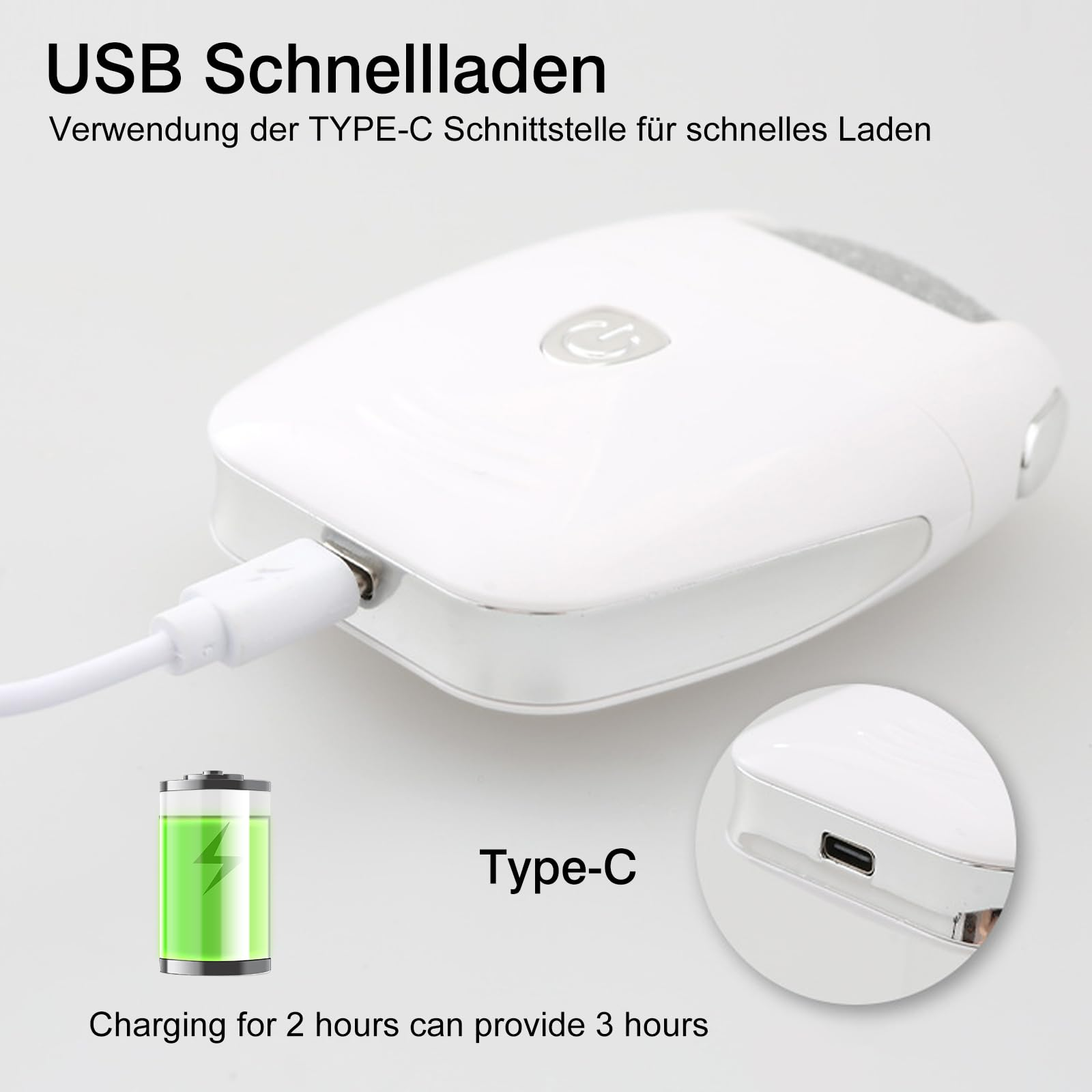 Ein weißes Nagelpflegegerät, das mit einem USB-C-Kabel angeschlossen ist. Zeigt das Aufladen und den Ladeanschluss.