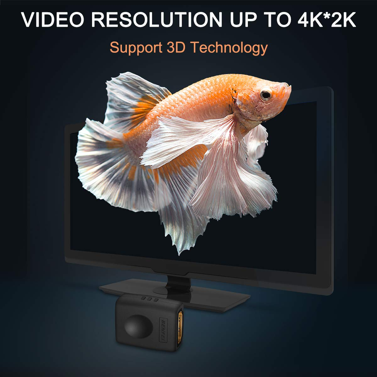 Bild mit Fisch auf einem Fernsehbildschirm. Ein schwarzer HDMI-Adapter ist im Vordergrund, unterstützt 3D-Technologie.