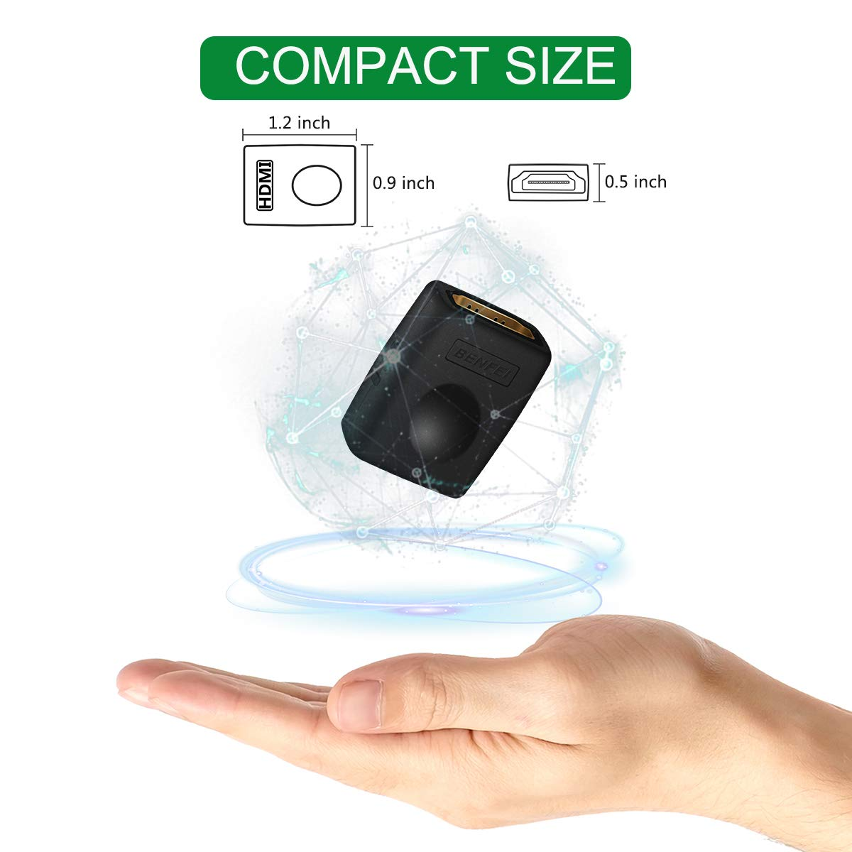 Eine Hand hält einen schwarzen HDMI-Adapter. Es zeigt Größenabmessungen und schwebt über der Hand.