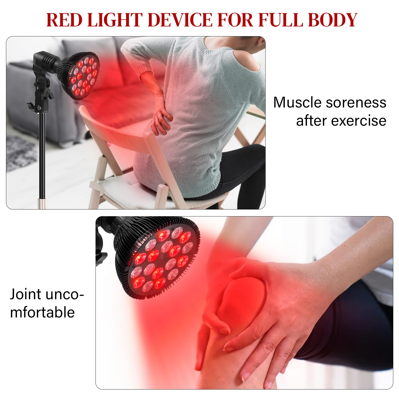 Bilder, die zeigen, wie Rotlichttherapie auf Rücken und Knie einer Person angewendet wird, zur Muskel- und Gelenklinderung.