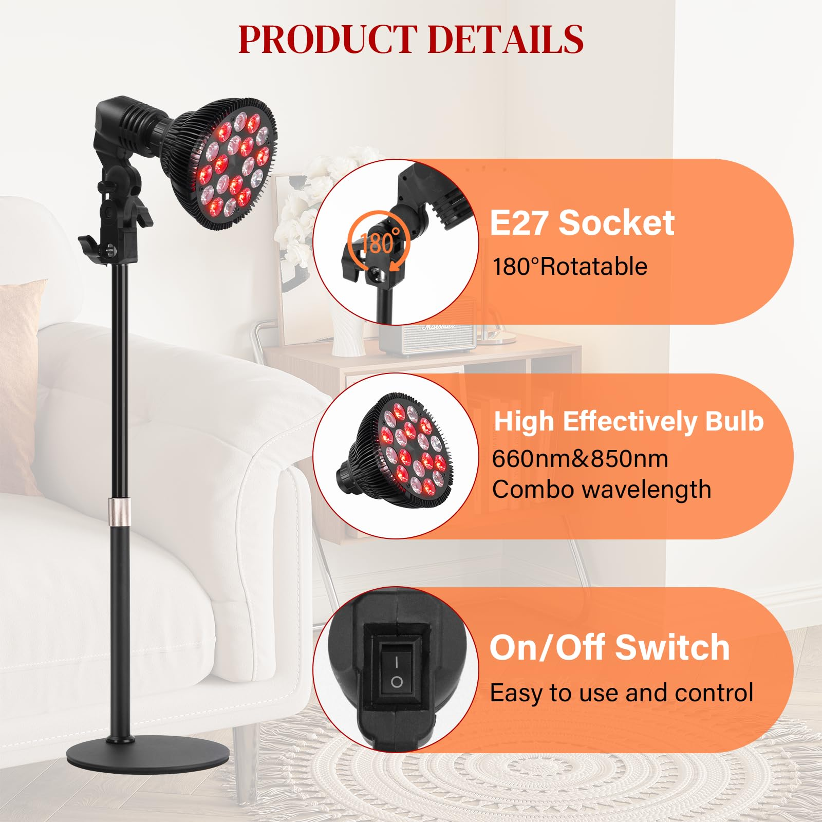 Eine Lampe mit Produktdetails: E27-Fassung, hocheffiziente Glühbirne und ein Ein-/Ausschalter werden gezeigt.
