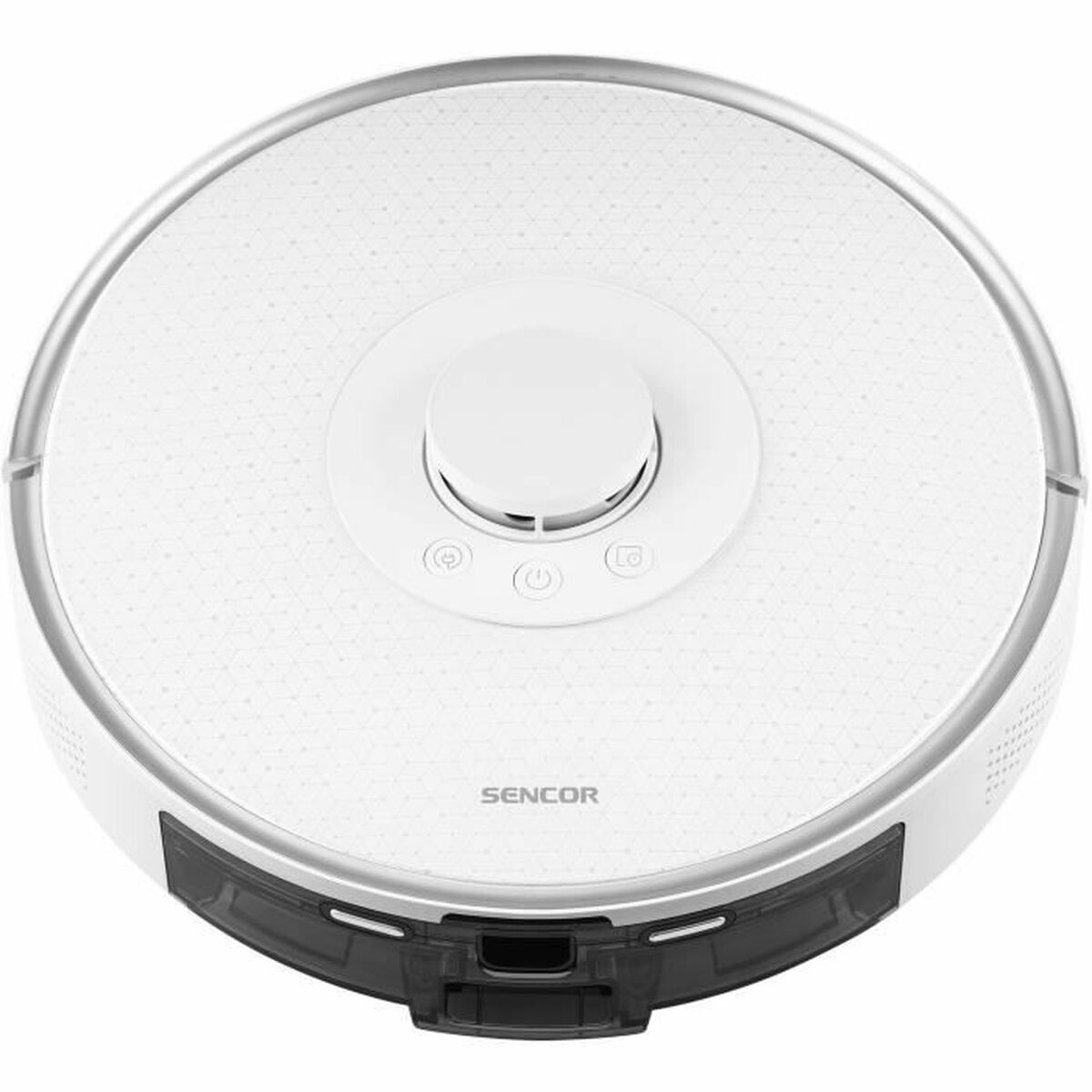 Aspirapolvere robotico bianco, rotondo con rifinitura nera e un pulsante di accensione centrale sulla superficie superiore.